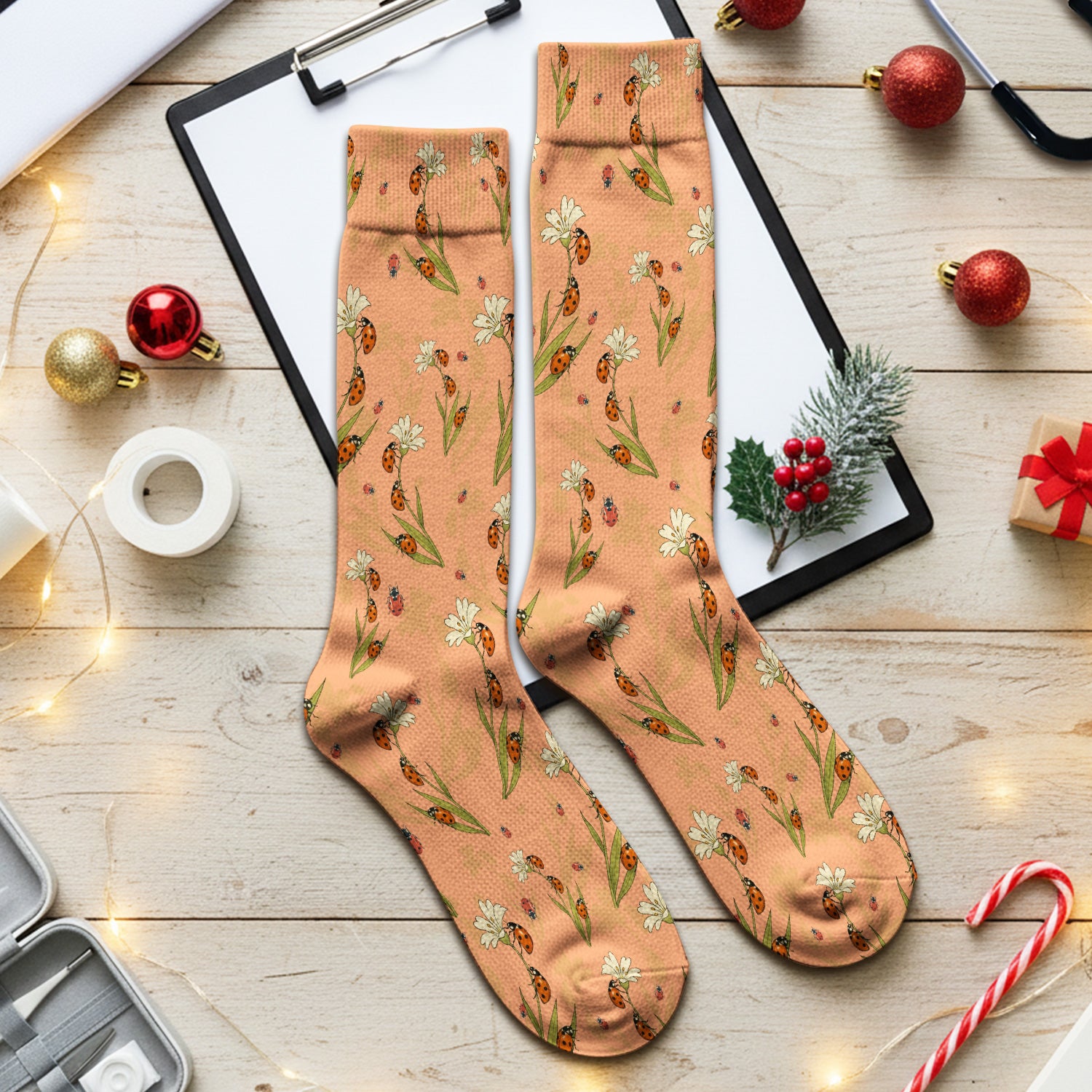 Fresh Daisy Ladybug Garden Pattern Socks, Breathable Fabrics Medical Uniform