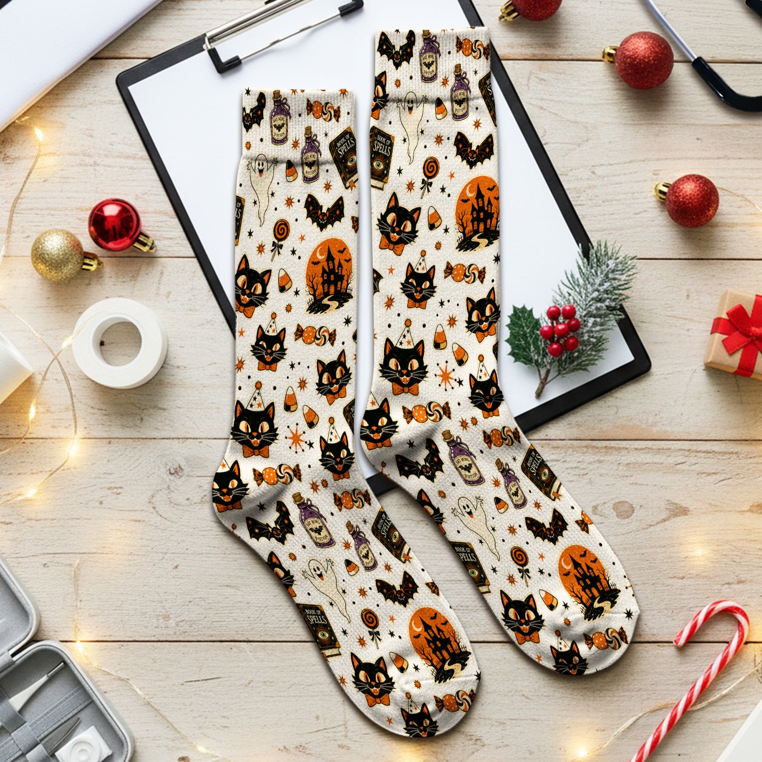 Halloween Black Cat with Ghost Candy Print Socks, Adult Socks for Men and Women