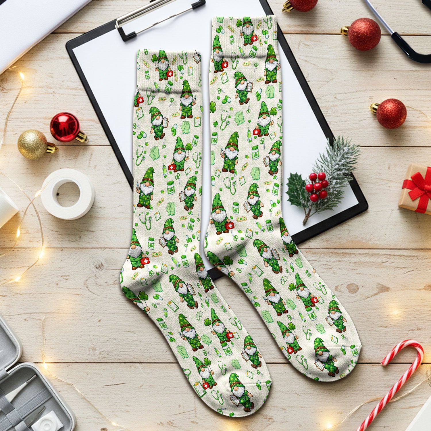 St. Patrick’s Day Nurse Gnome Scrub Socks, Green Lucky Medical Pattern Nurse Sock, Breathable Fabrics Nursing Uniform