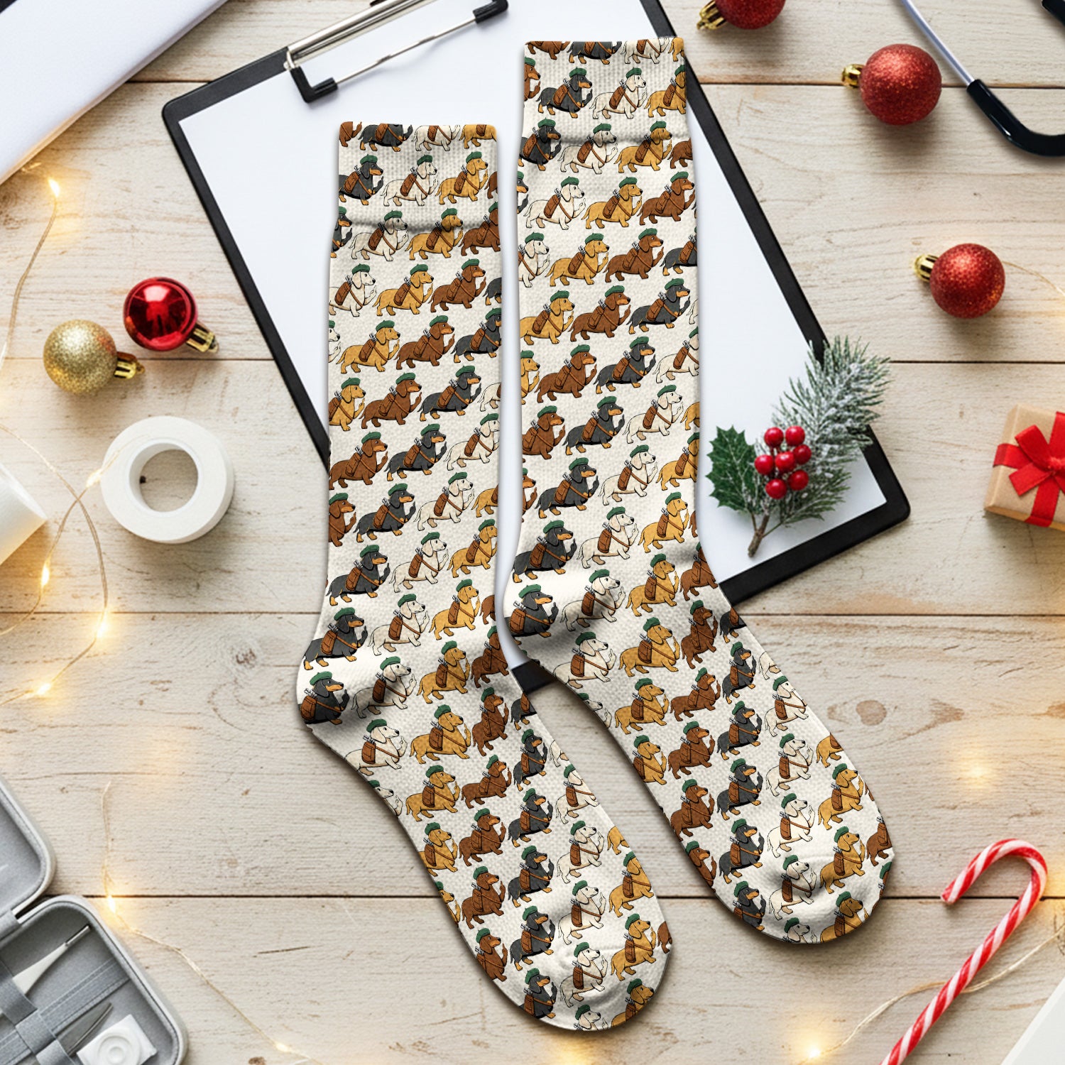 Cartoon Dachshund Dog Wearing Hat And Backpack Pattern Socks, Adult Socks for Men and Women