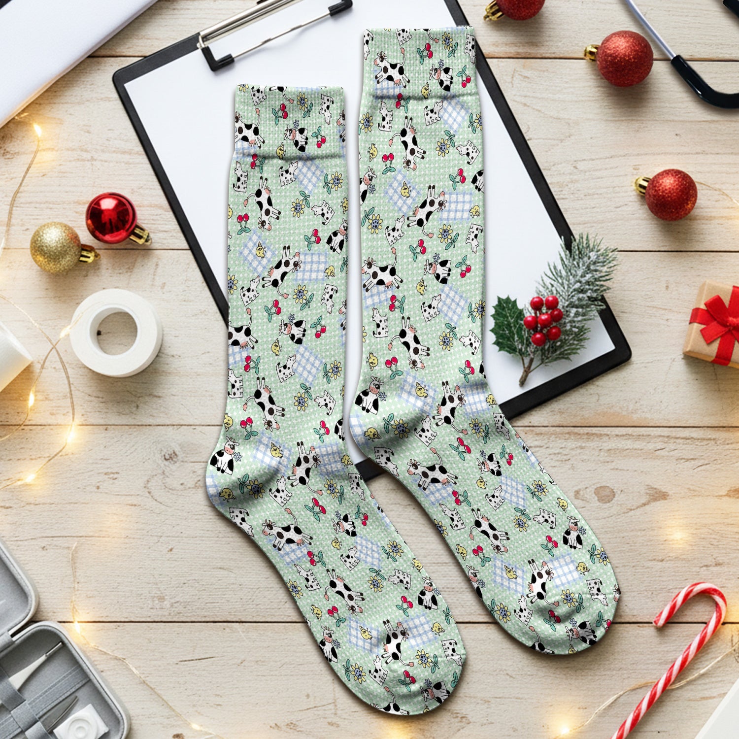 Cute Cow Cherry Farm Garden Pattern Nurse Socks, Adult Socks for Men and Women