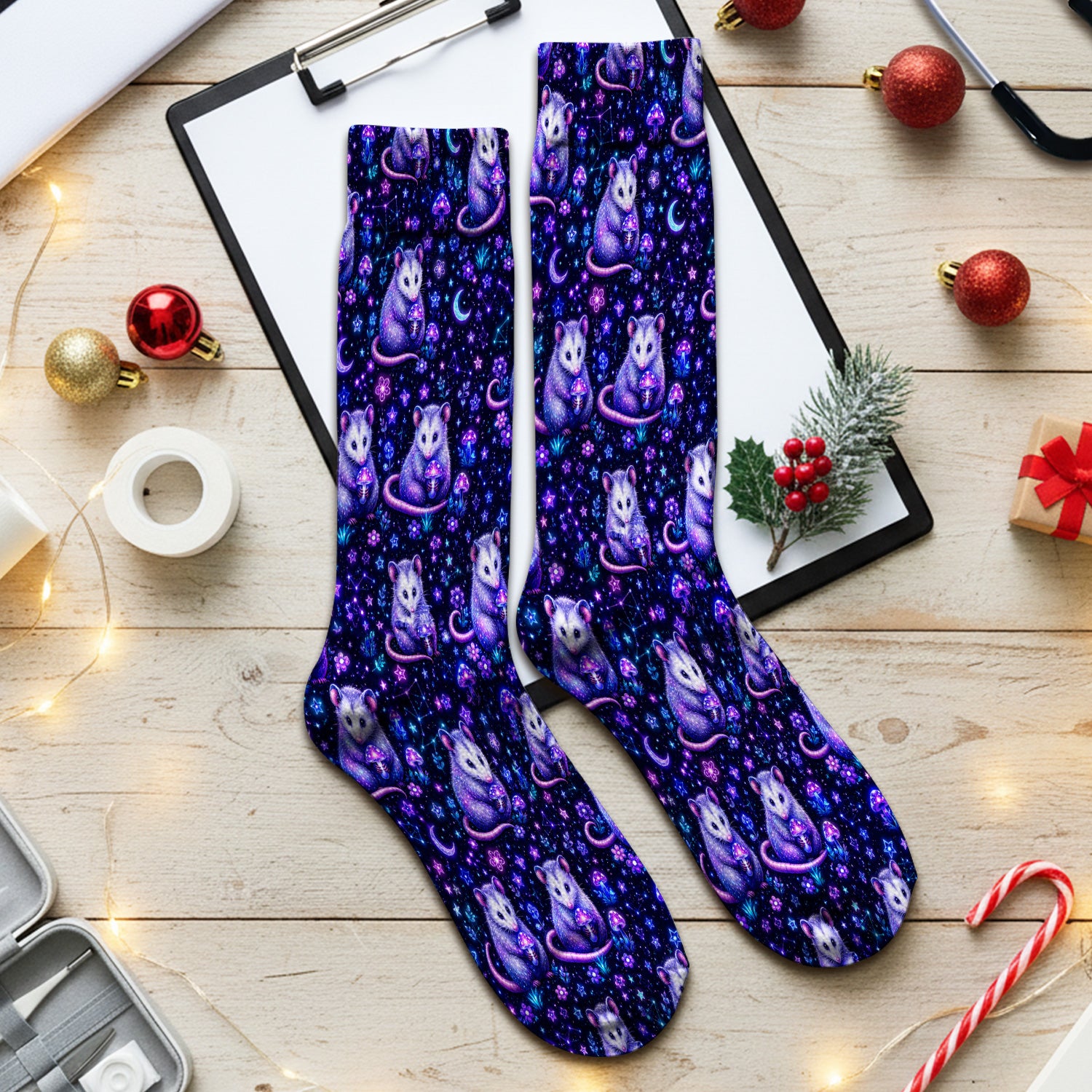 Neon Opossum Mushroom Galaxy Pattern Socks, Adult Socks for Men and Women