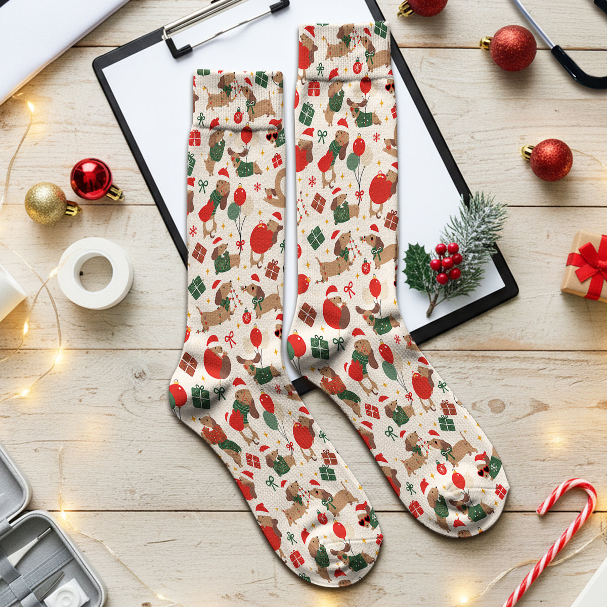 Cute Christmas Dachshund Pattern Socks, Adult Socks for Men and Women