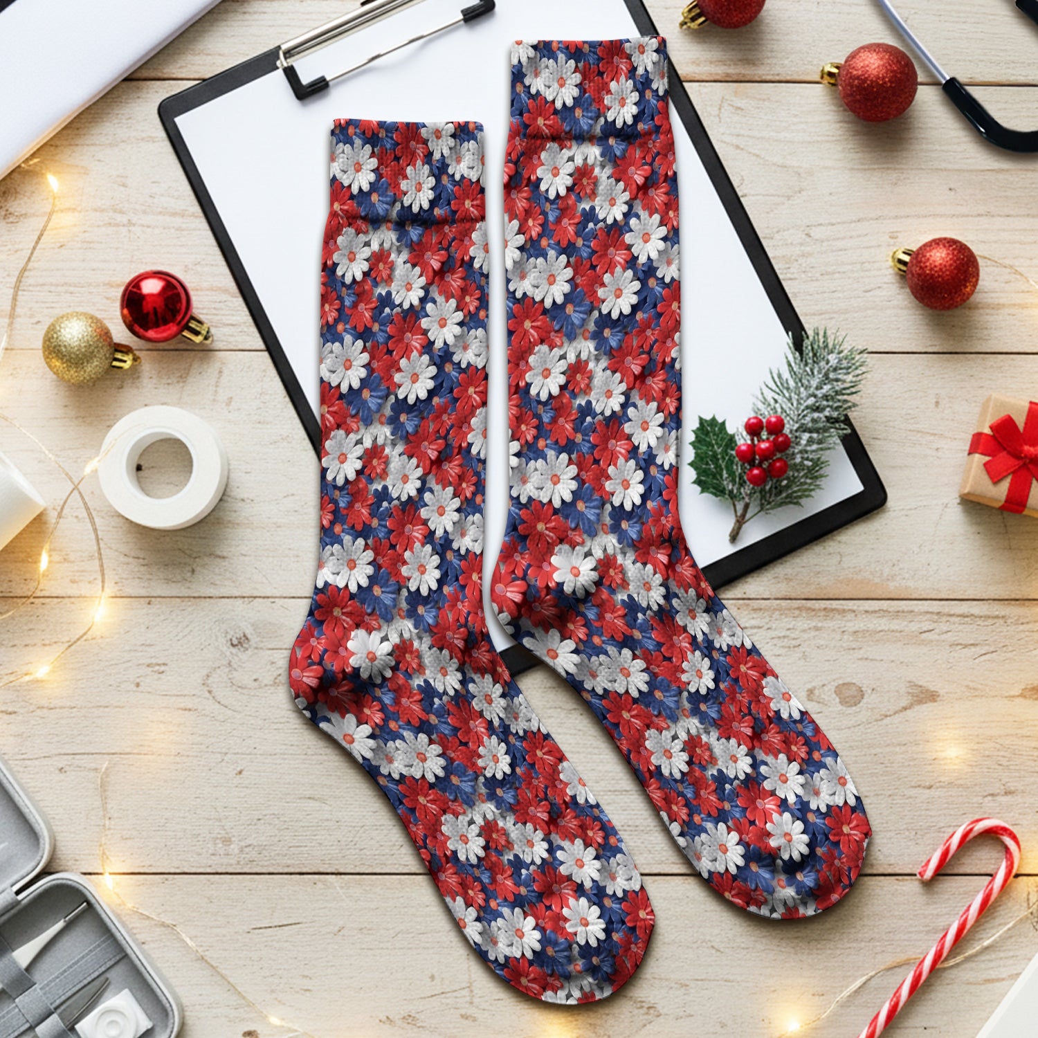 Festive Patriotic Daisy Bloom Pattern Socks, Adult Socks for Men and Women