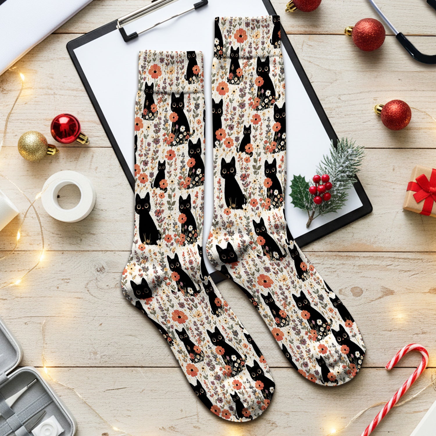 Cute Black Cat Wildflower Pattern Socks, Adult Socks for Men and Women