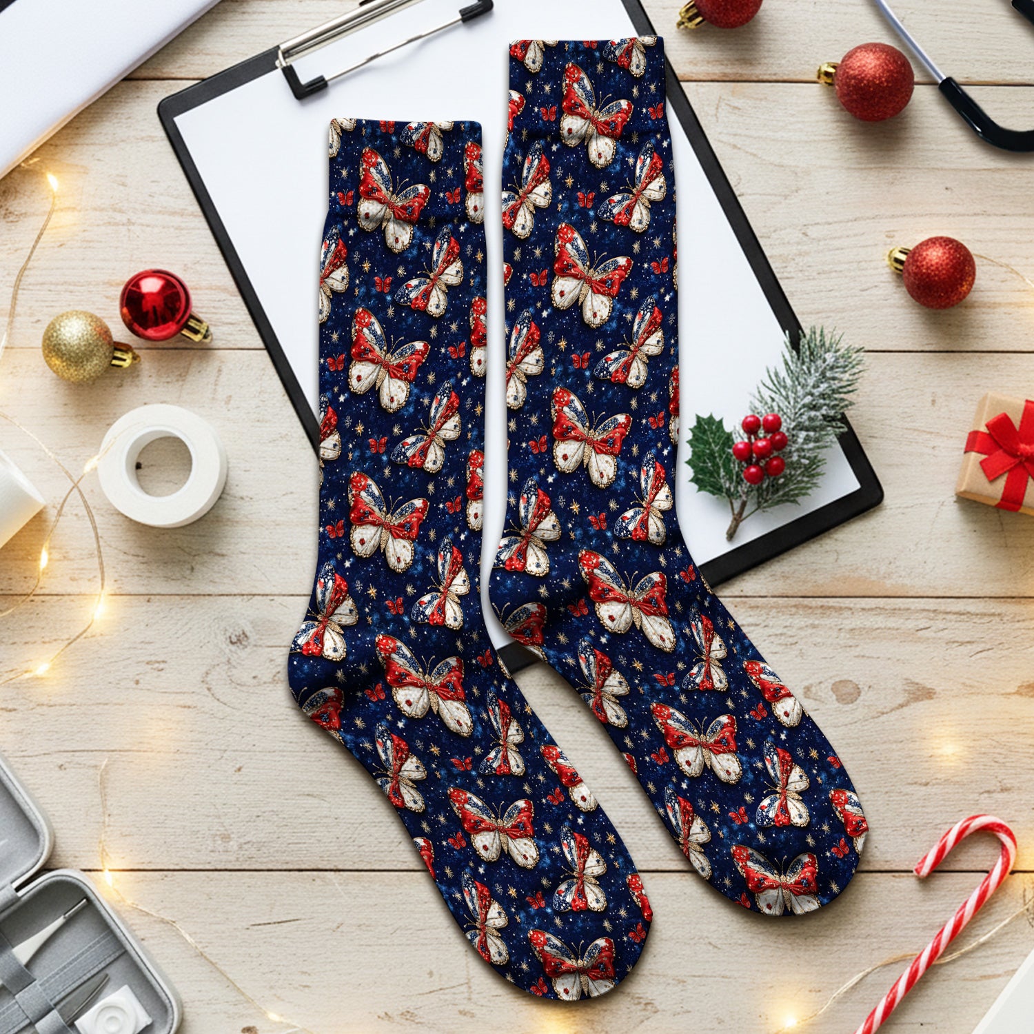 Patriotic Butterfly Nurse for RN & CNA, Americana Stars Healthcare Workers Uniform Socks, Adult Socks for Men and Women
