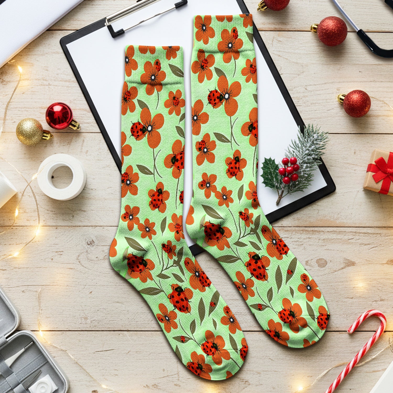 Ladybug on Orange Floral Garden Pattern Socks, Breathable Fabrics Medical Uniform