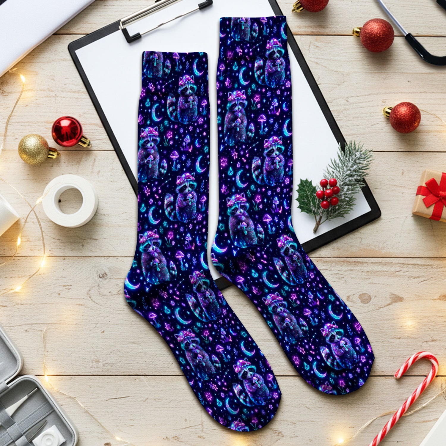 Neon Mushroom Raccoon Moonlight Pattern Socks, Adult Socks for Men and Women