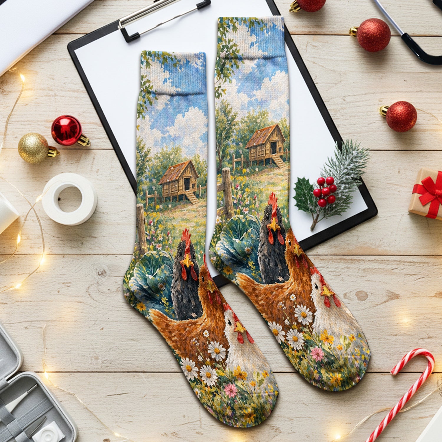 Rustic Chicken Family Farm Garden Pattern Nurse Socks, Adult Socks for Men and Women