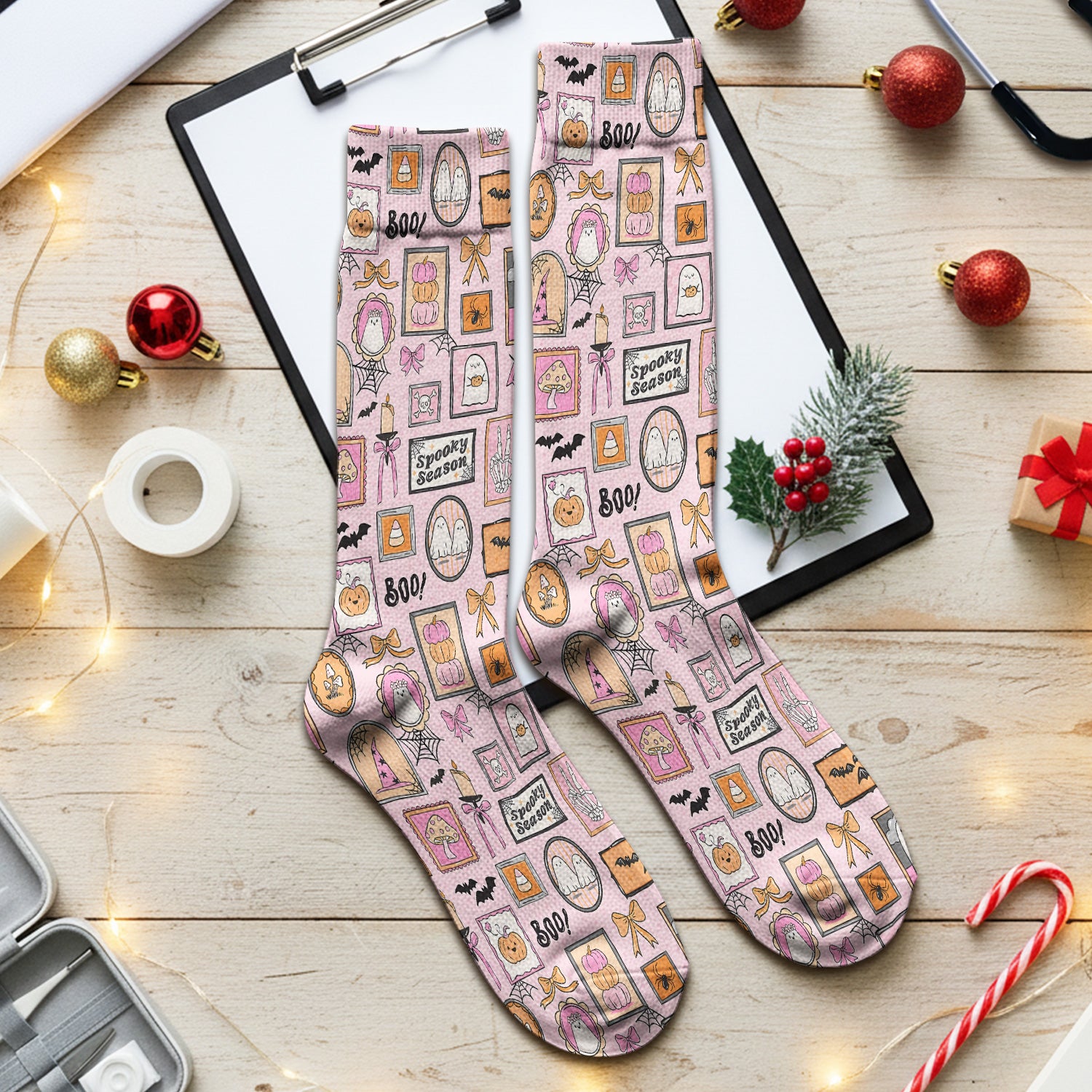 Pink Halloween Ghost Gallery Print Socks, Adult Socks for Men and Women