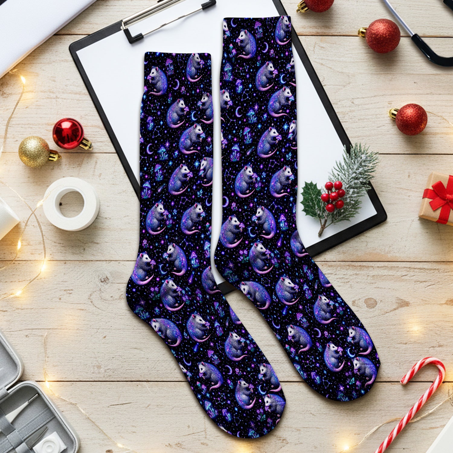 Celestial Purple Opossum With Mushroom Pattern Socks, Adult Socks for Men and Women