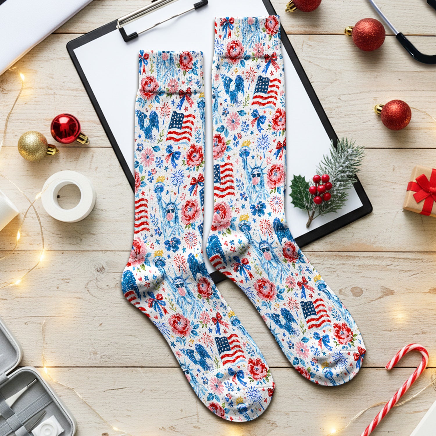 Patriotic Liberty Nurse Pattern Socks, Adult Socks for Men and Women
