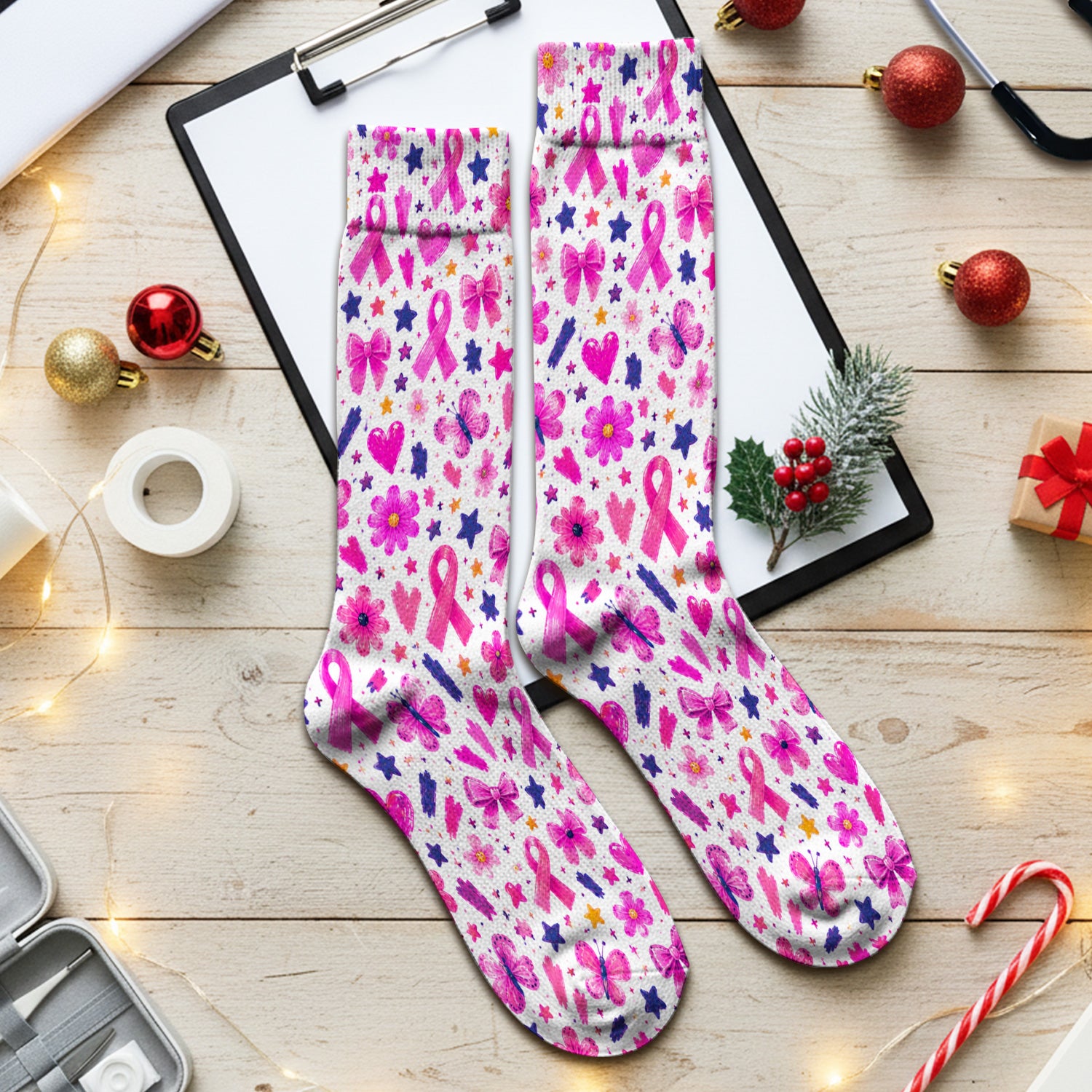 Pink Ribbon Floral Pattern Socks, Adult Socks for Men and Women