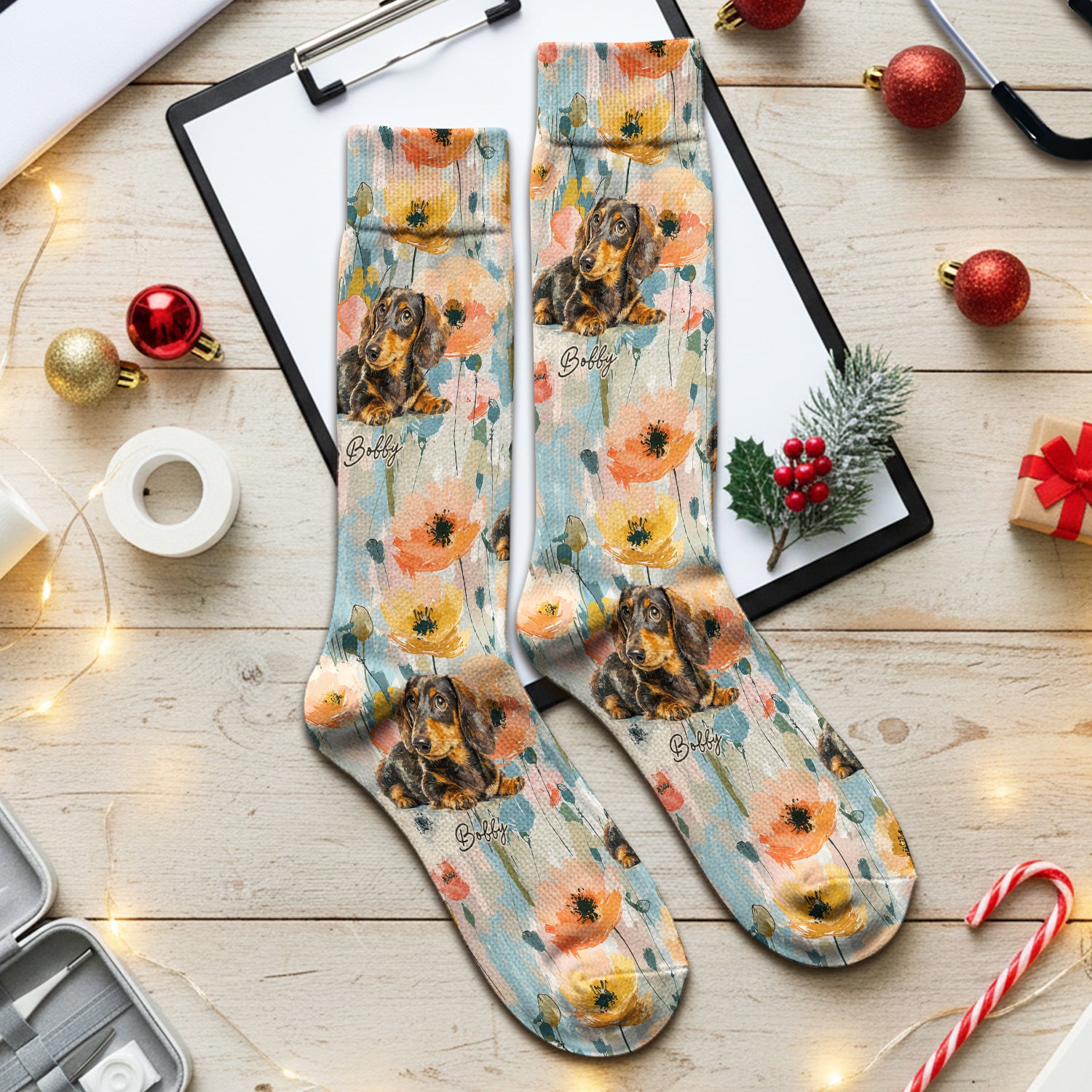 Personalized Dachshund Floral Portrait Pattern Socks, Adult Socks for Men and Women