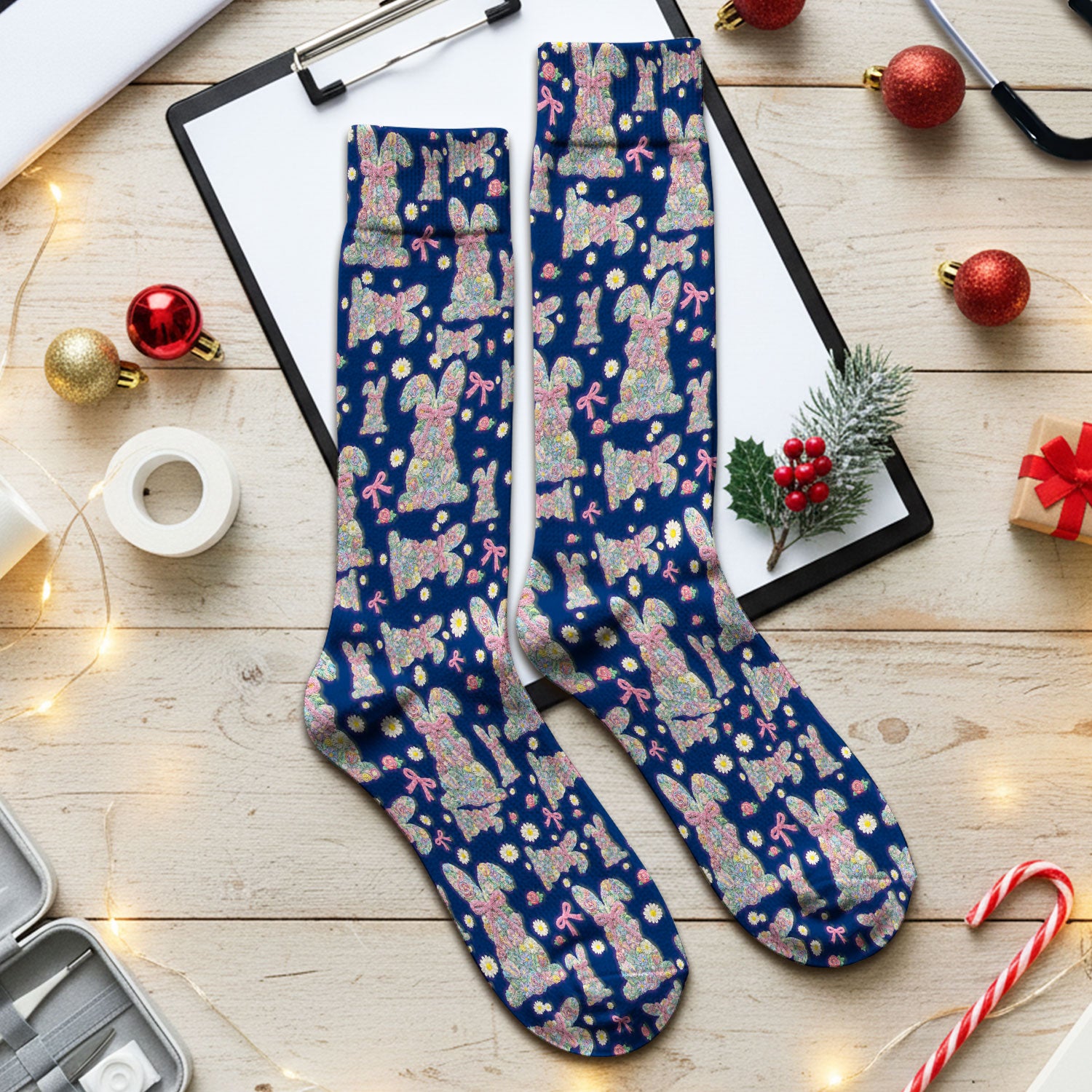 Colorful Floral Bunny with Pink Bow Pattern Socks, Breathable Fabrics Medical Uniform
