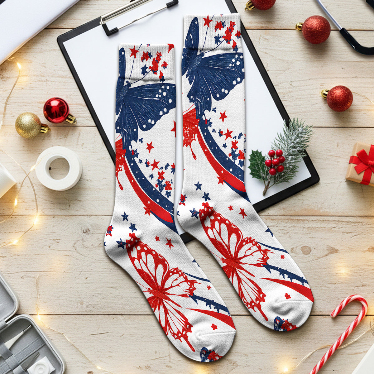 Patriotic Butterfly with Red White Blue Stars Socks, Adult Socks for Men and Women