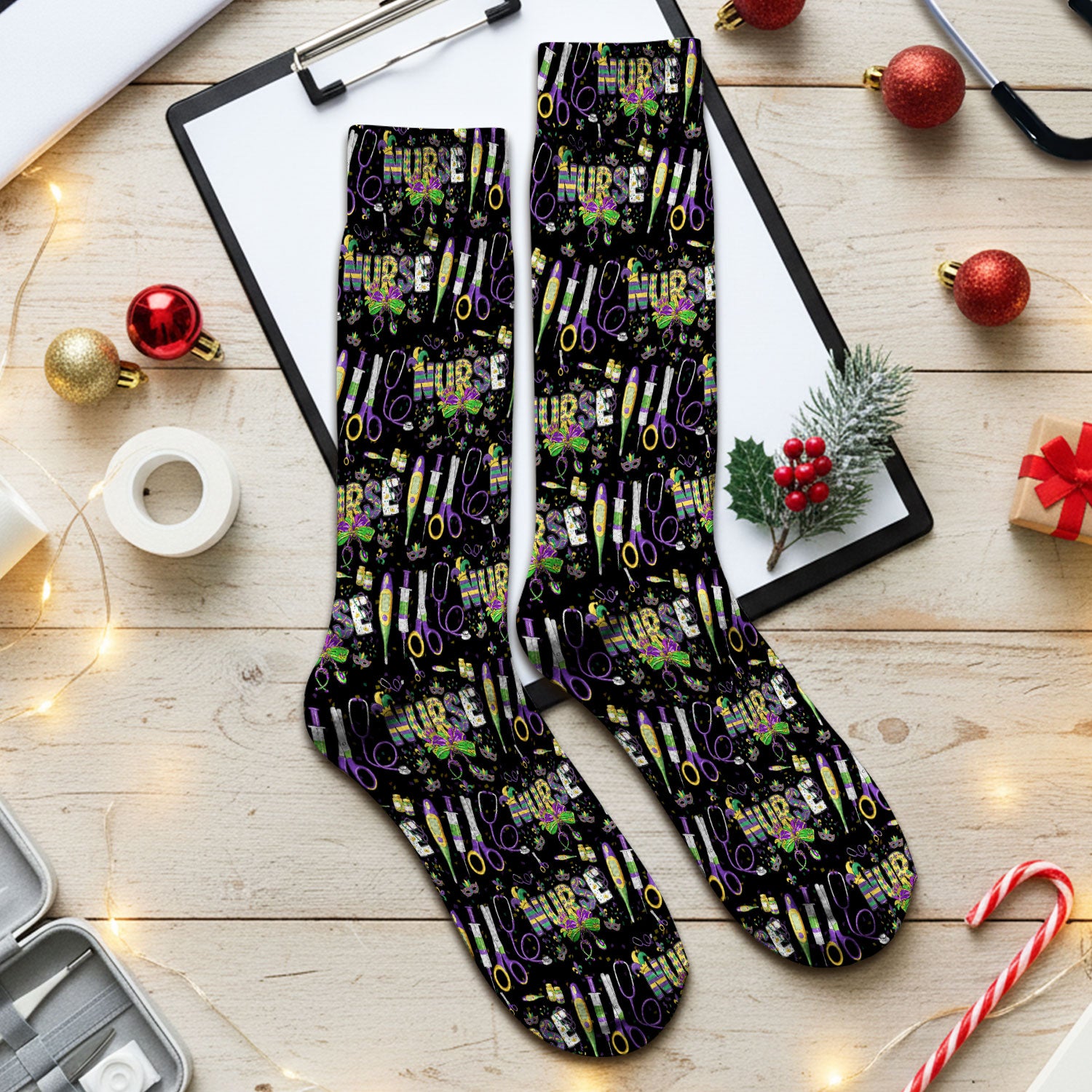Mardi Gras Nurse Scrub Socks, Holiday Medical Pattern Nurse Sock, Breathable Fabrics Nursing Uniform