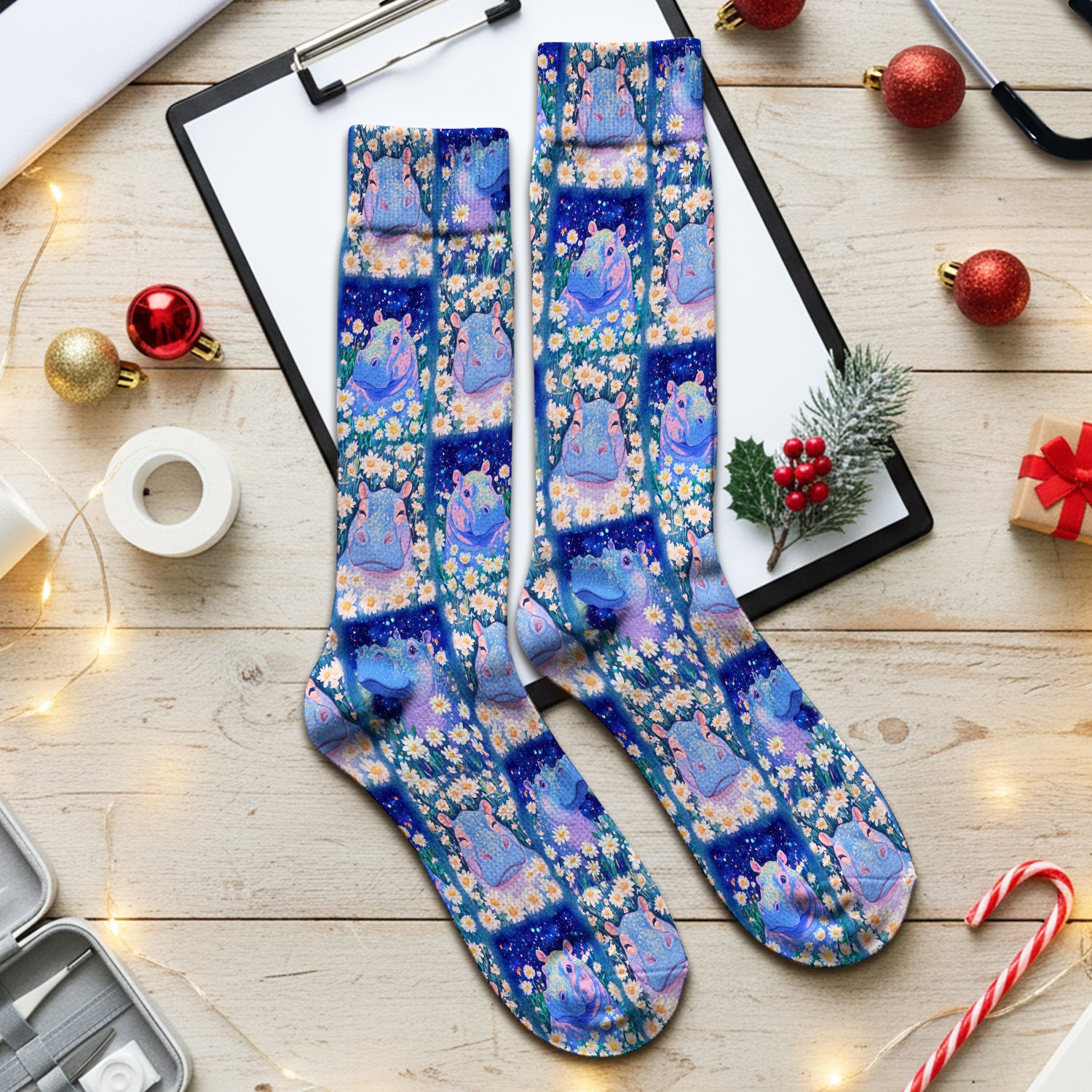 Cute Hippo Daisy Floral Patchwork Socks, Adult Socks for Men and Women