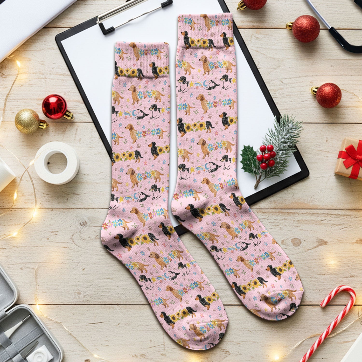 Floral Wiener Dog Pattern Socks, Adult Socks for Men and Women