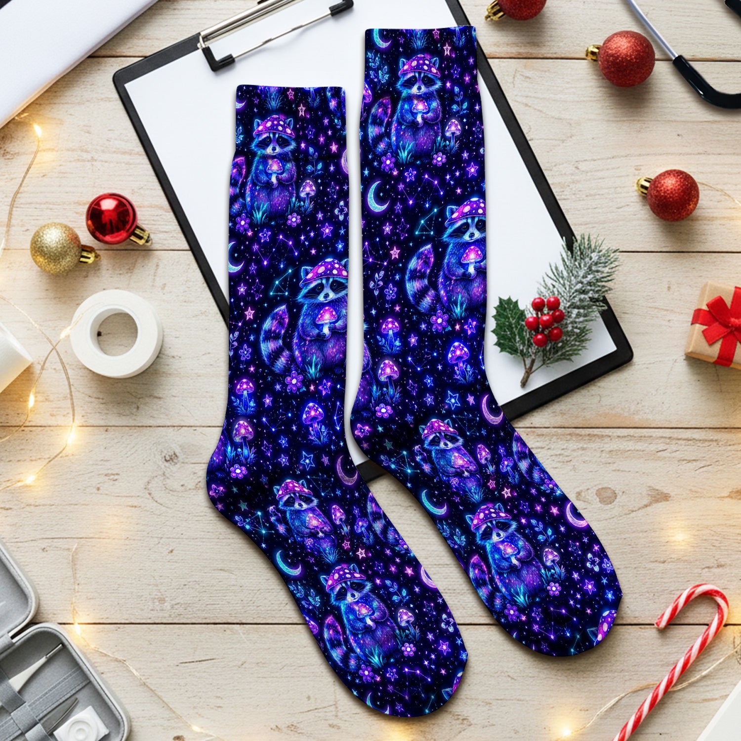 Neon Mushroom Raccoon Nurse Pattern Socks, Adult Socks for Men and Women