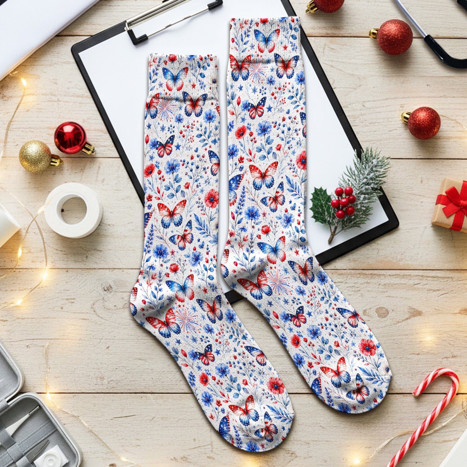 Patriotic Butterfly Fireworks Floral Pattern Socks, Adult Socks for Men and Women