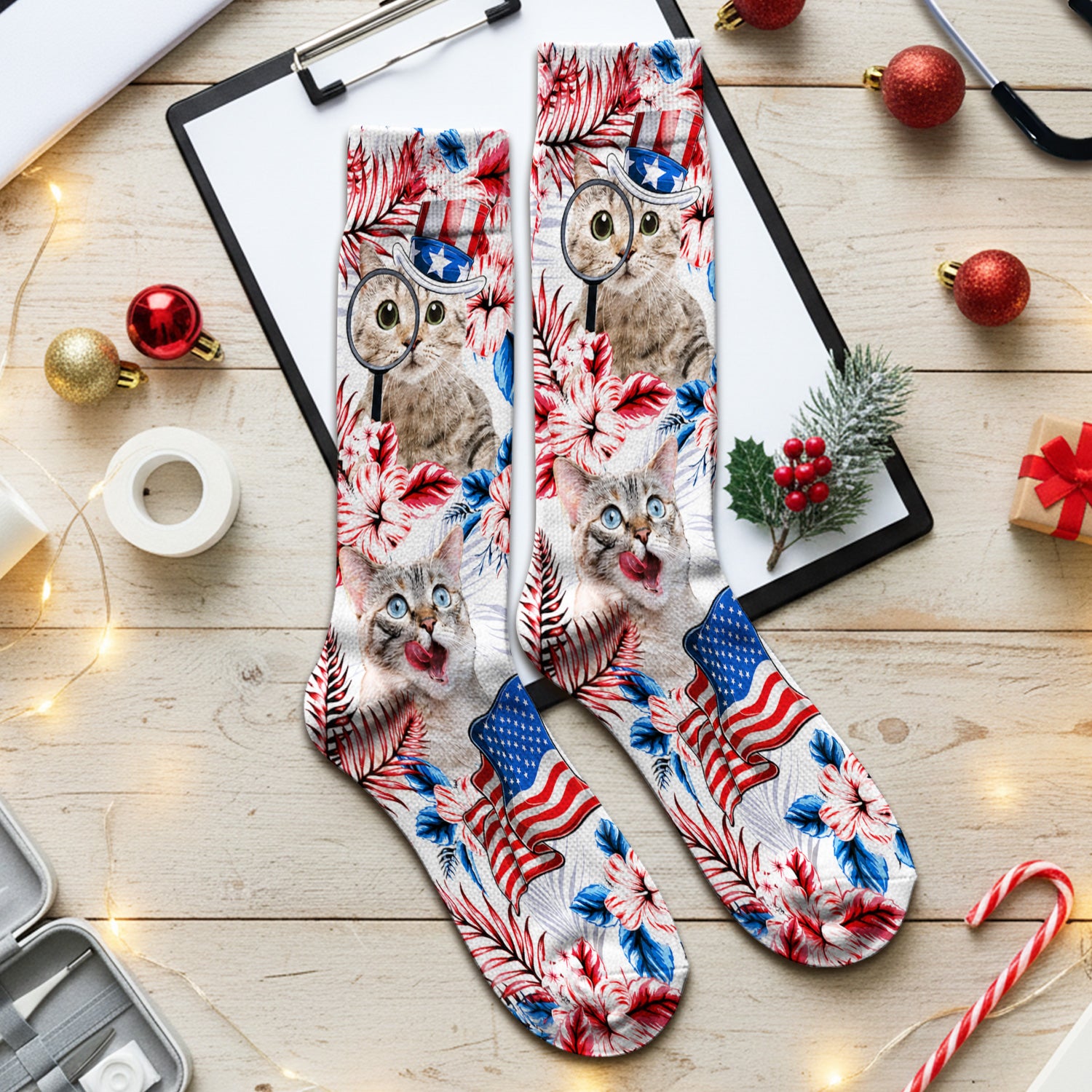 Patriotic Cat with USA Flag Socks, Adult Socks for Men and Women