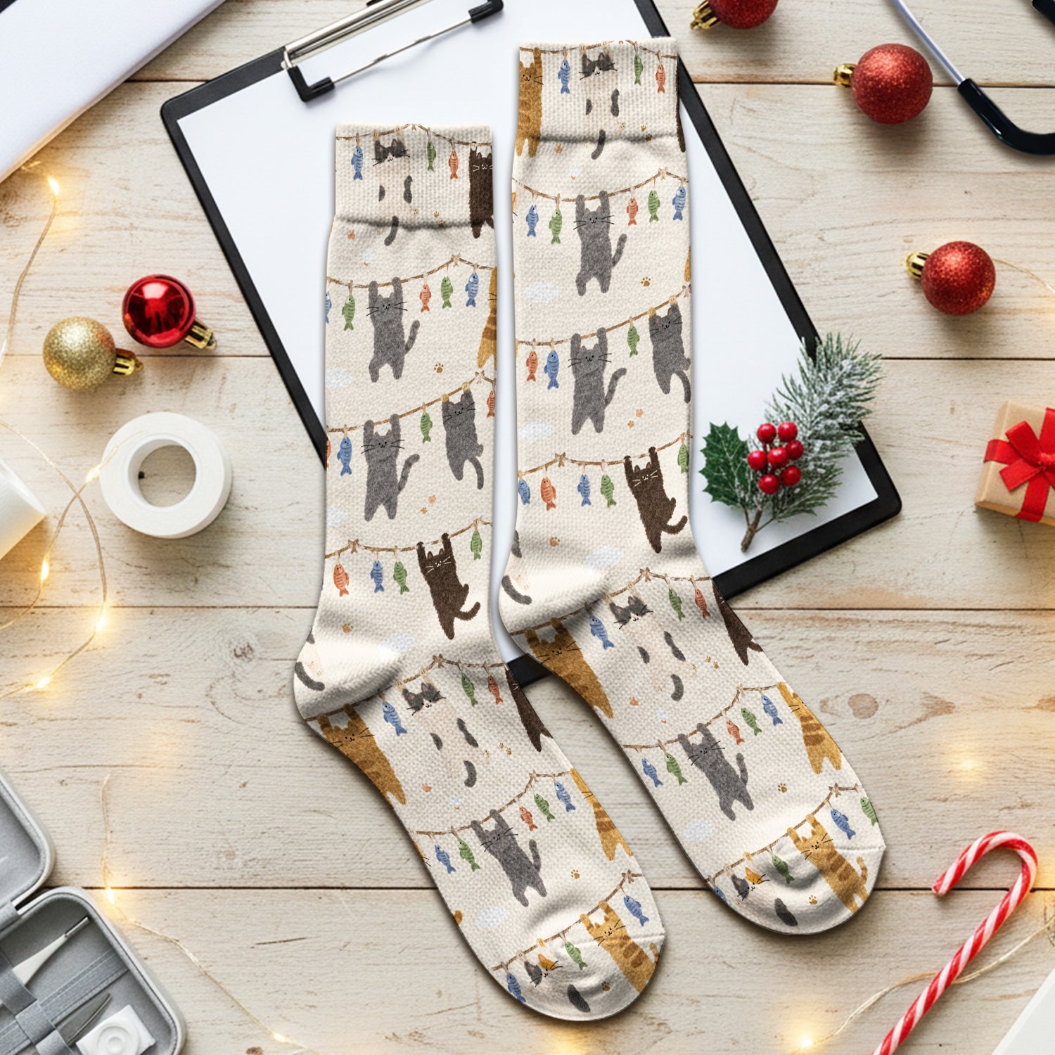 Cute Hanging Cat Fishline Pattern Socks, Adult Socks for Men and Women