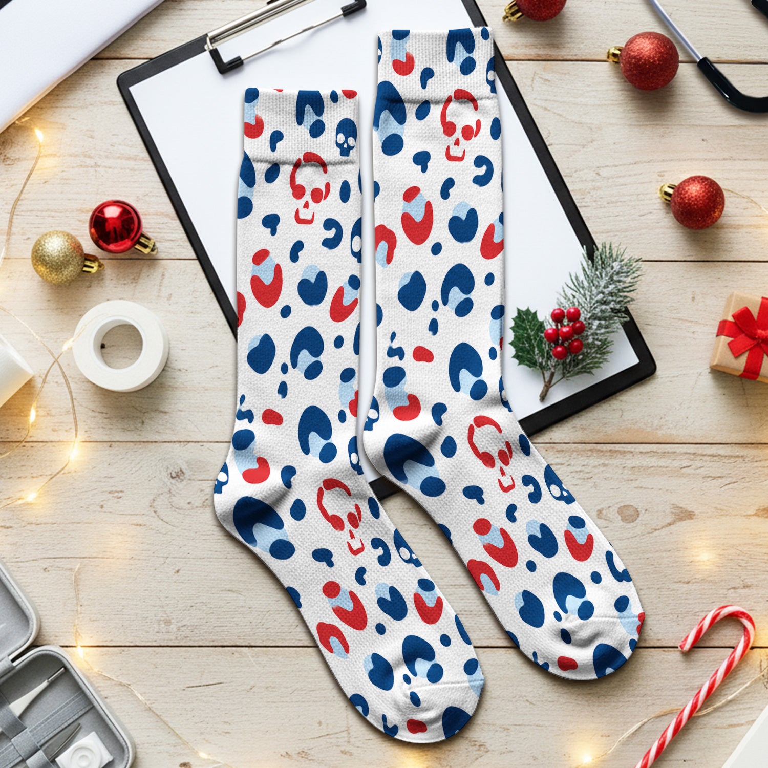 Red Blue Skull Leopard Pattern Socks, Adult Socks for Men and Women