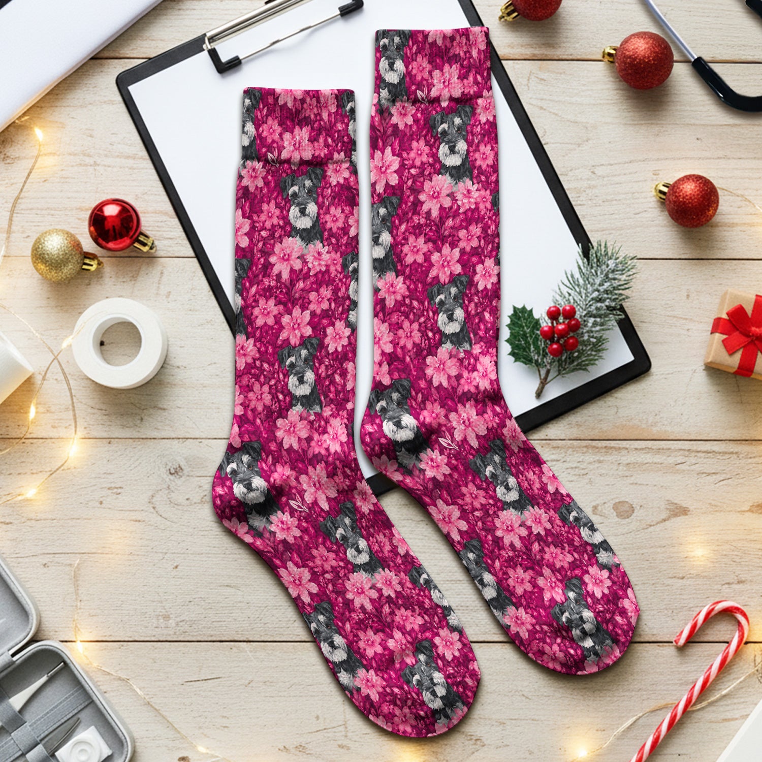 Pink Floral Schnauzer Pattern Socks, Adult Socks for Men and Women