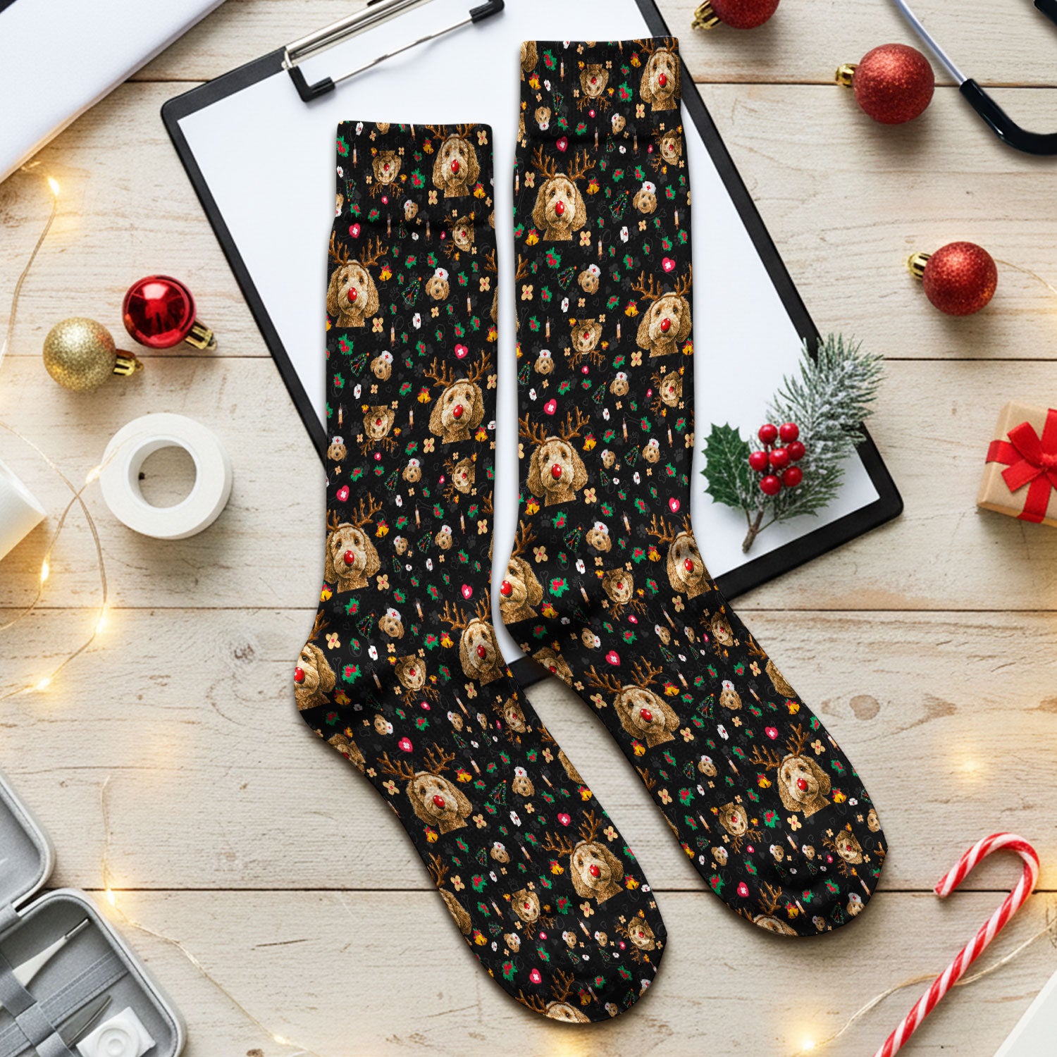 Christmas Labradoodle Socks for Nurse Doctor - Funny Reindeer Dog Adult Socks for Men and Women