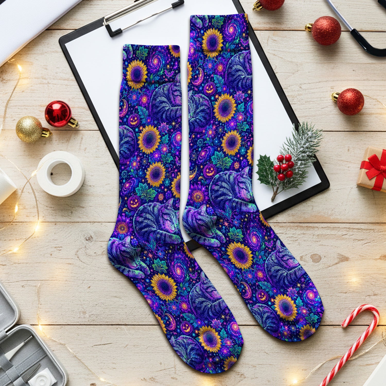 Spooky Galaxy Cat And Sunflowers Socks, Adult Socks for Men and Women