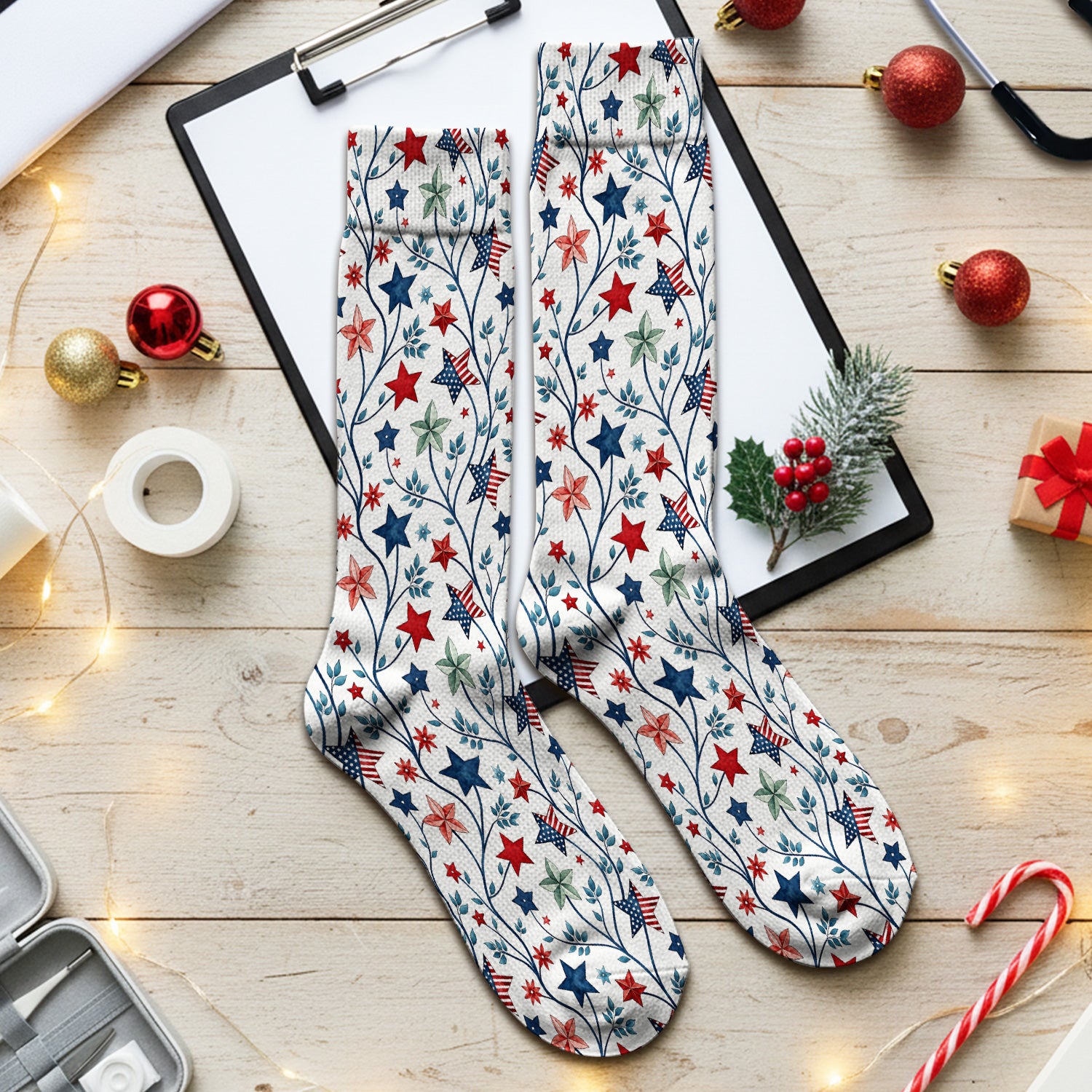 Patriotic Star Vine Floral Print Socks, Adult Socks for Men and Women