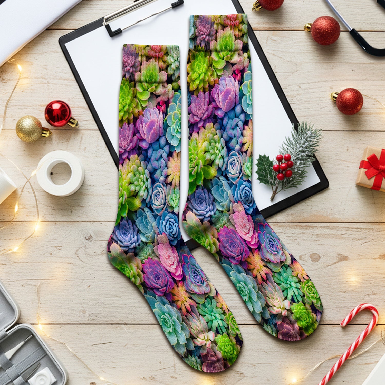 Cute Nurse Scrub Top Boho Succulent Flower Pattern Socks, Adult Socks for Men and Women
