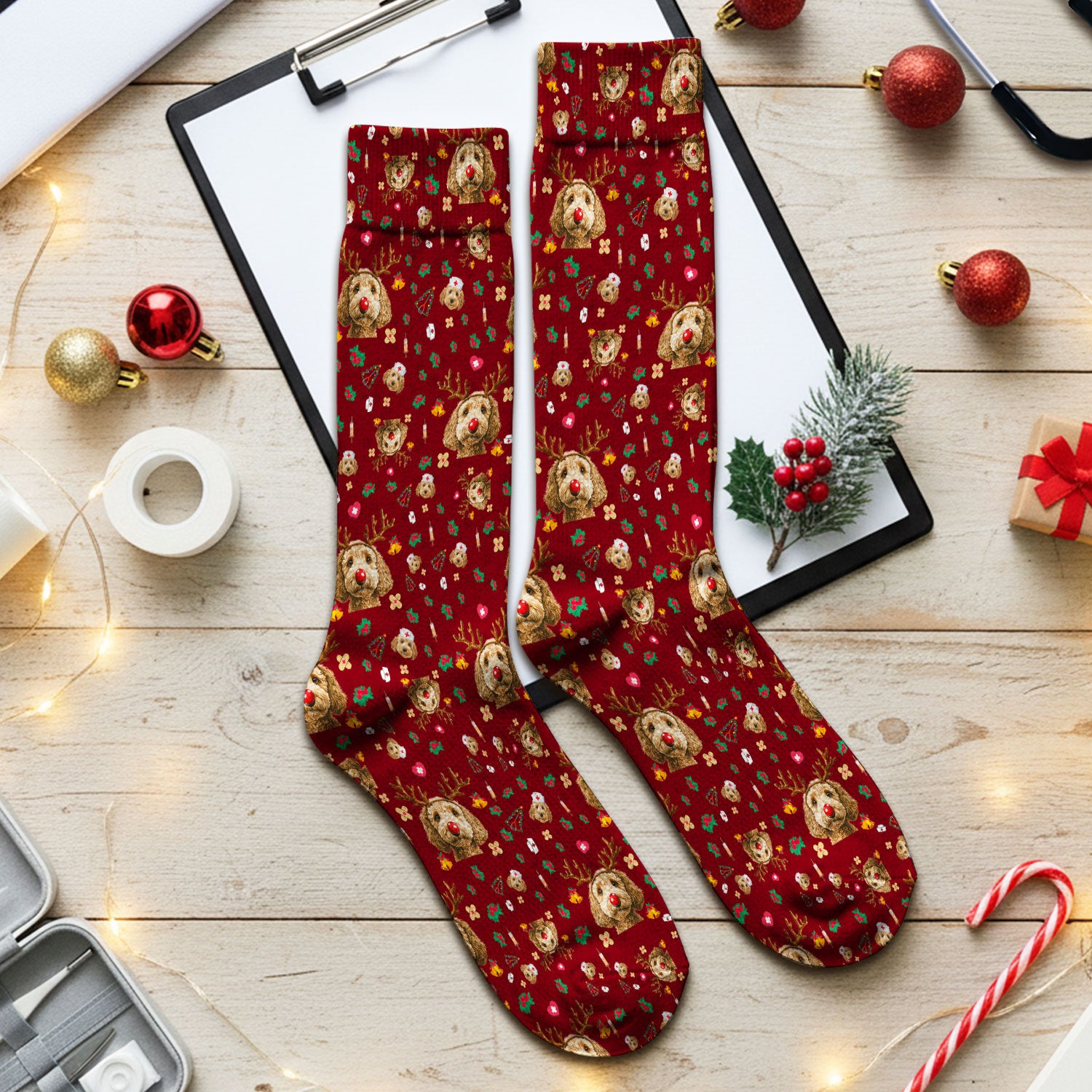 Christmas Labradoodle Socks for Nurse Doctor - Funny Reindeer Dog Adult Socks for Men and Women