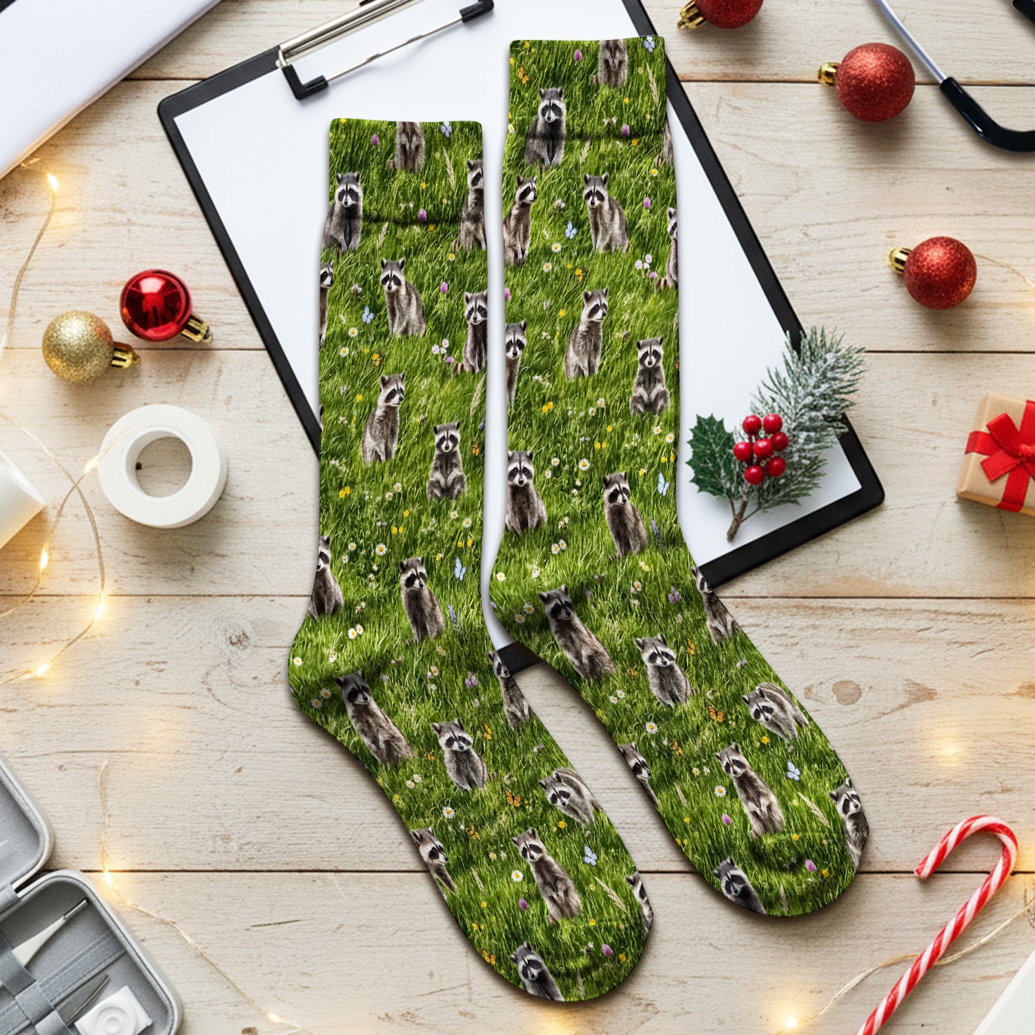 Raccoon Meadow Print Socks, Adult Socks for Men and Women