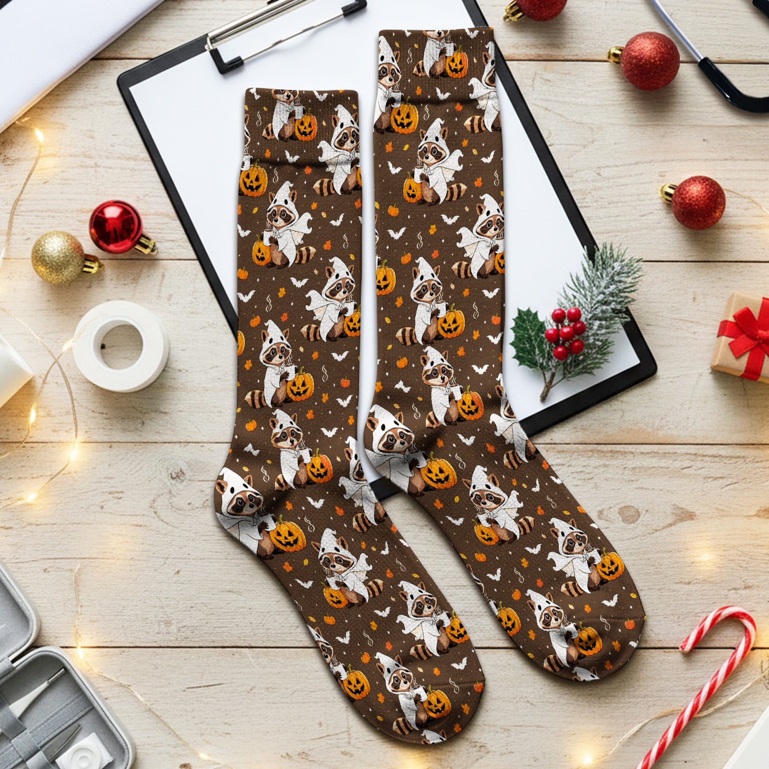Halloween Ghost Raccoon Pumpkin Socks, Adult Socks for Men and Women
