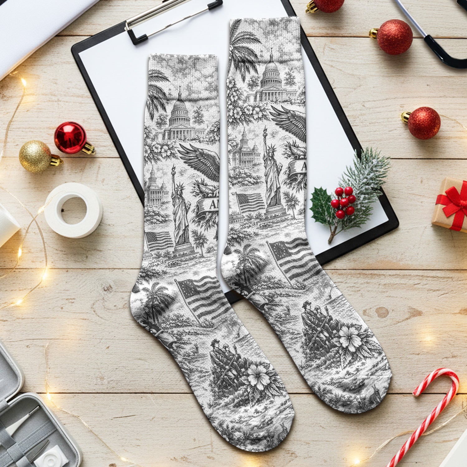 Patriotic America Heritage Toile Pattern Sock, Breathable Fabrics Medical Uniform