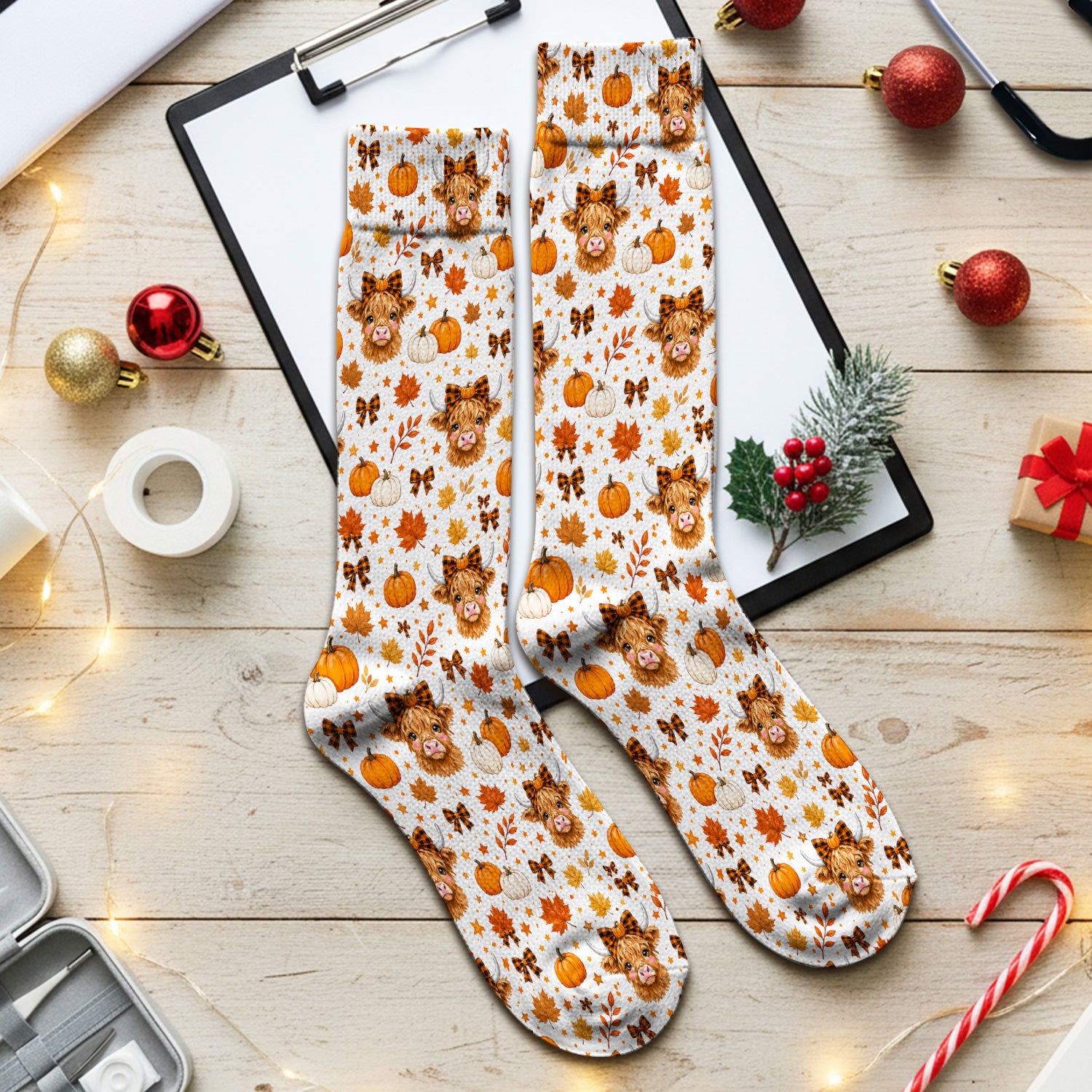 Cute Fall Highland Cow Socks, Adult Socks for Men and Women