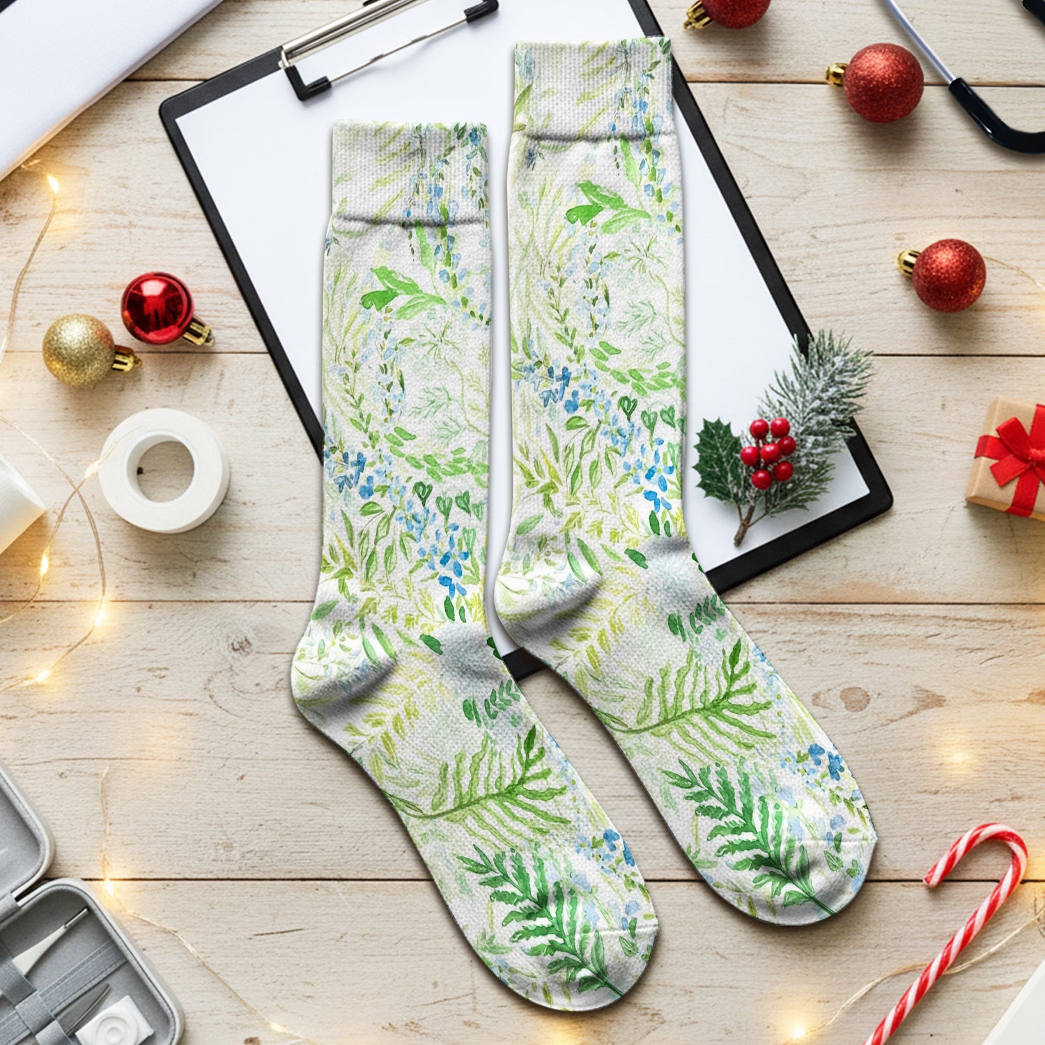 Green Botanical Floral Pattern Socks, Cute Medical Staff Socks