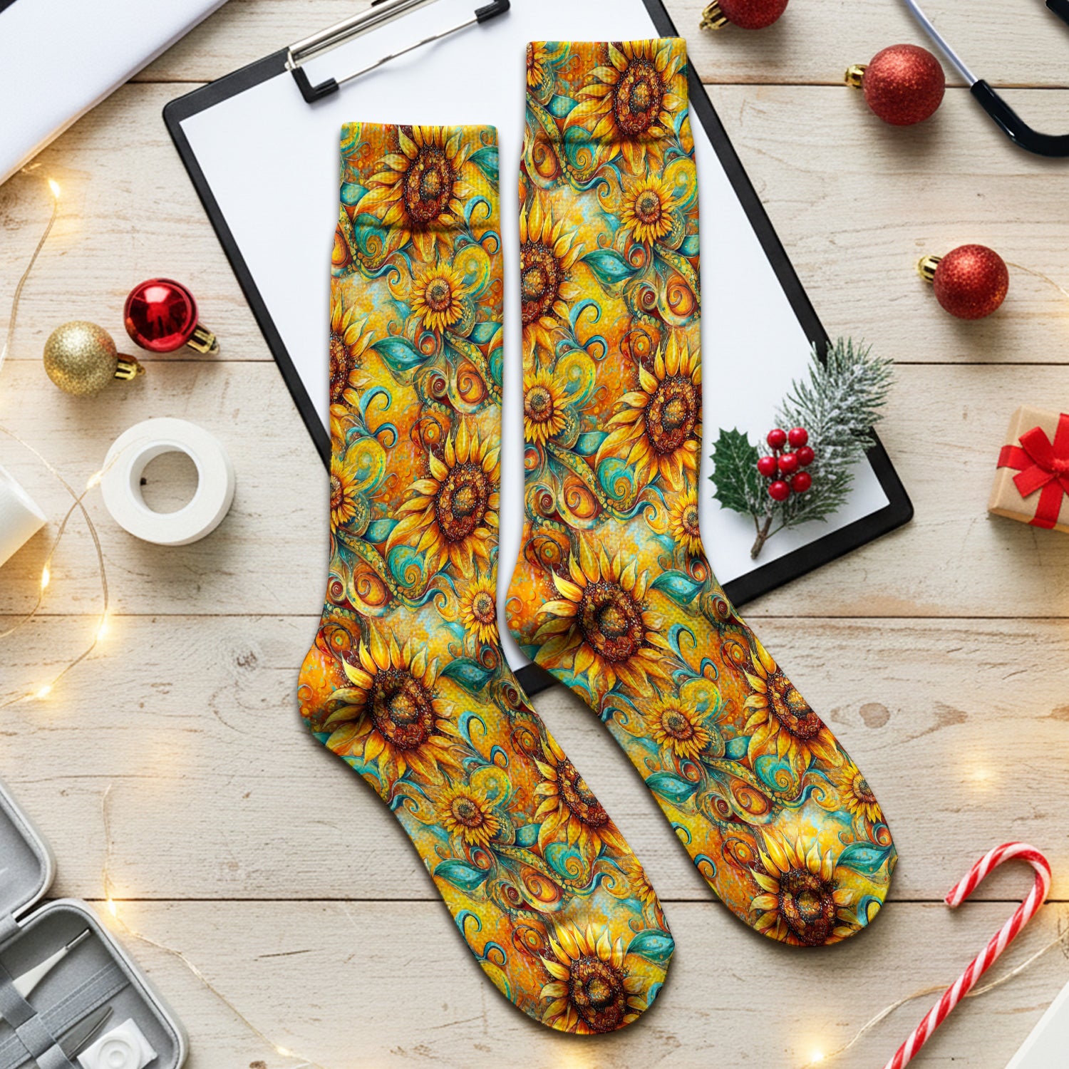 Sunflower Swirl Floral Pattern Socks, Adult Socks for Men and Women