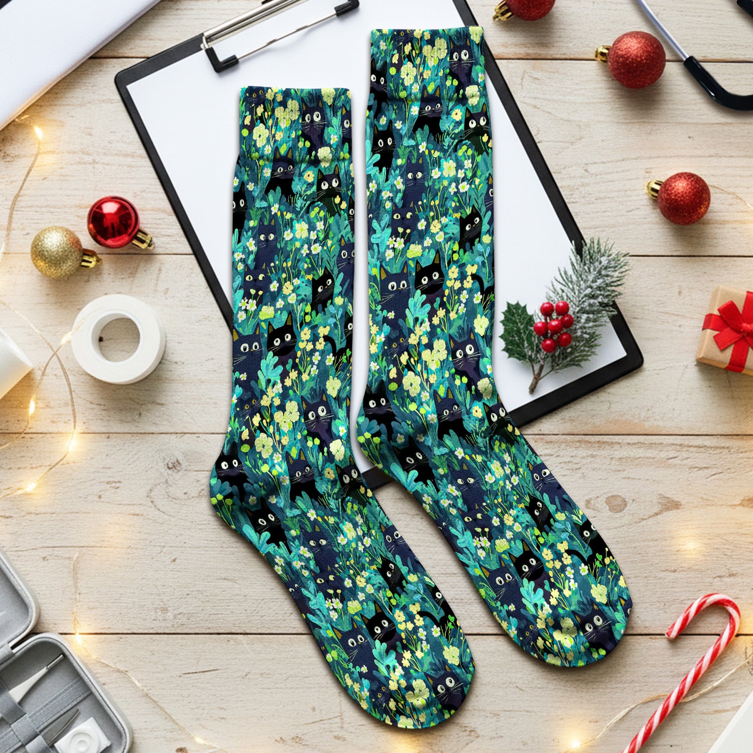 Black Cat Floral Pattern Socks, Adult Socks for Men and Women