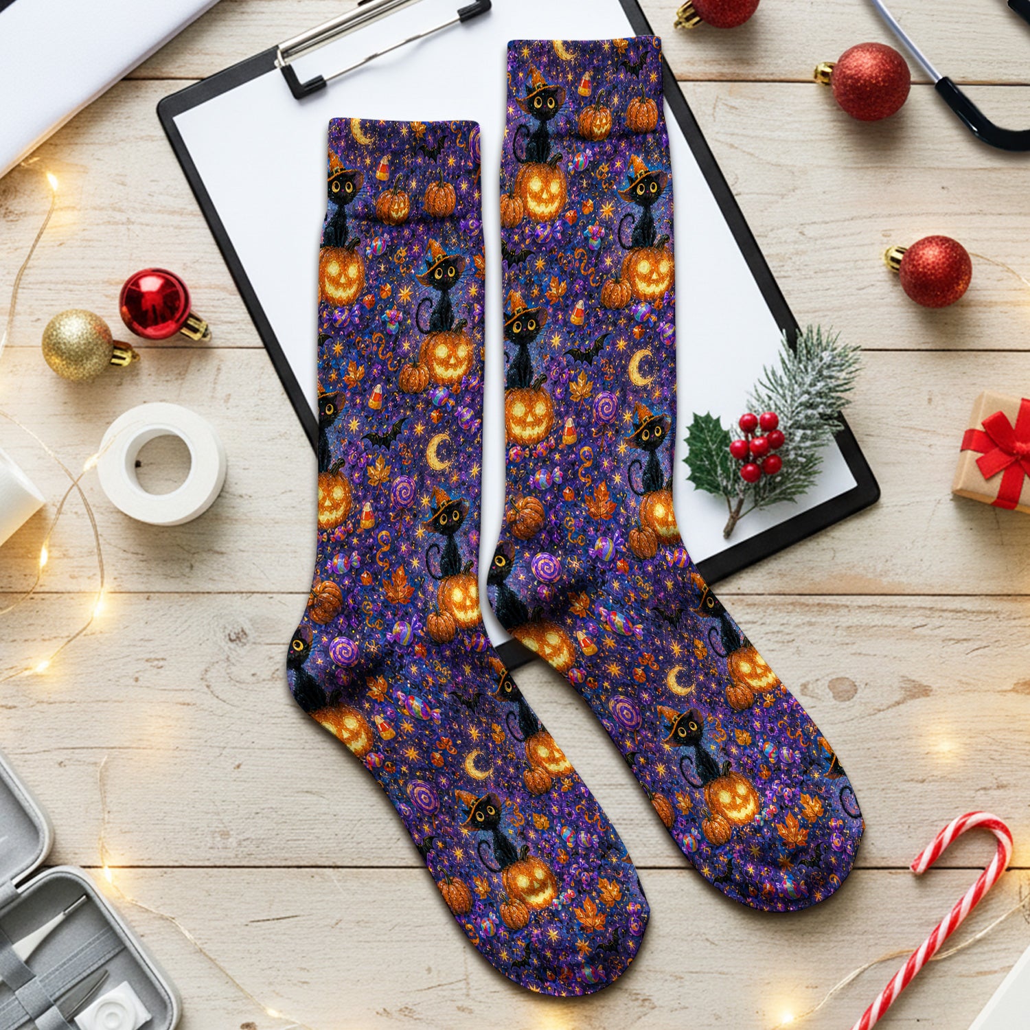 Mystical Halloween Witch Cat Socks, Adult Socks for Men and Women
