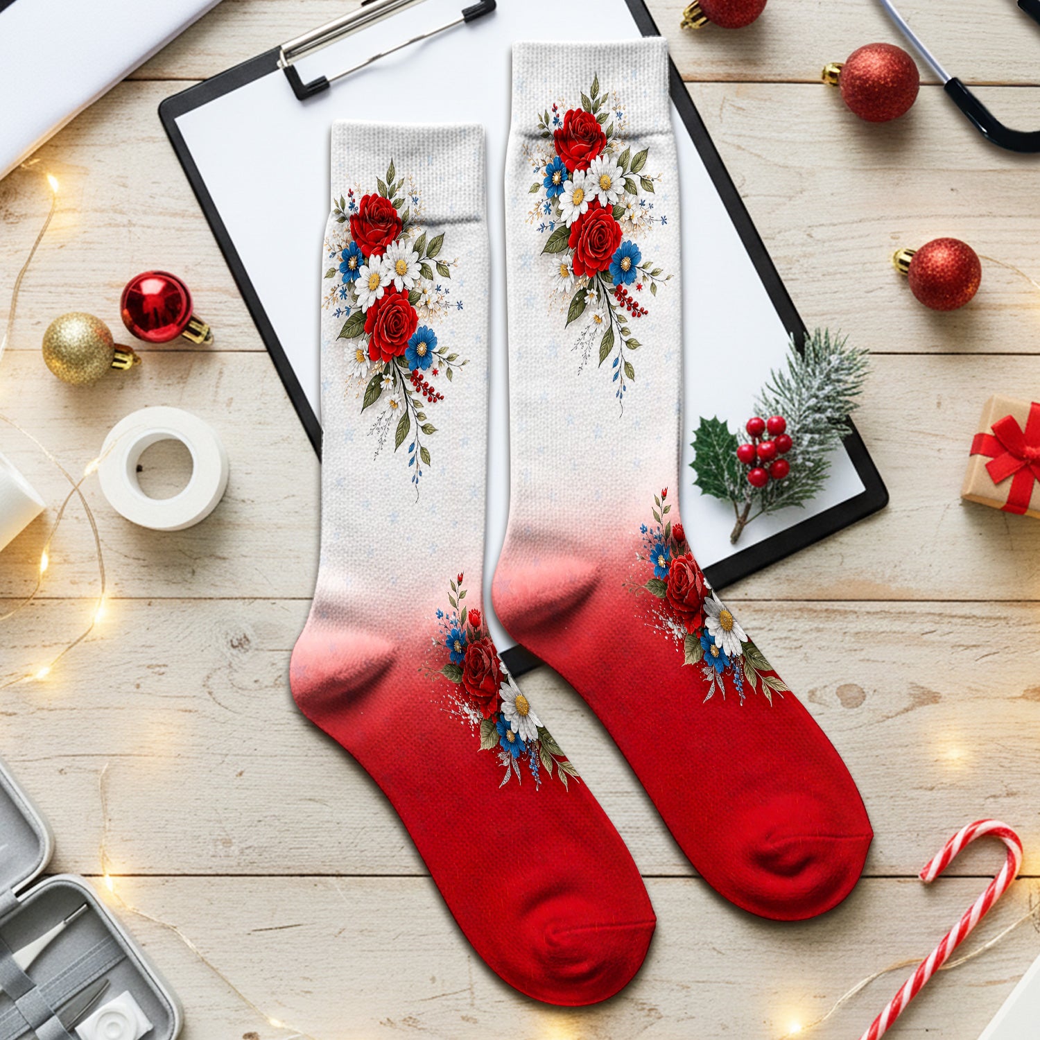 Patriotic 250th Flag Floral Pattern Socks, Adult Socks for Men and Women
