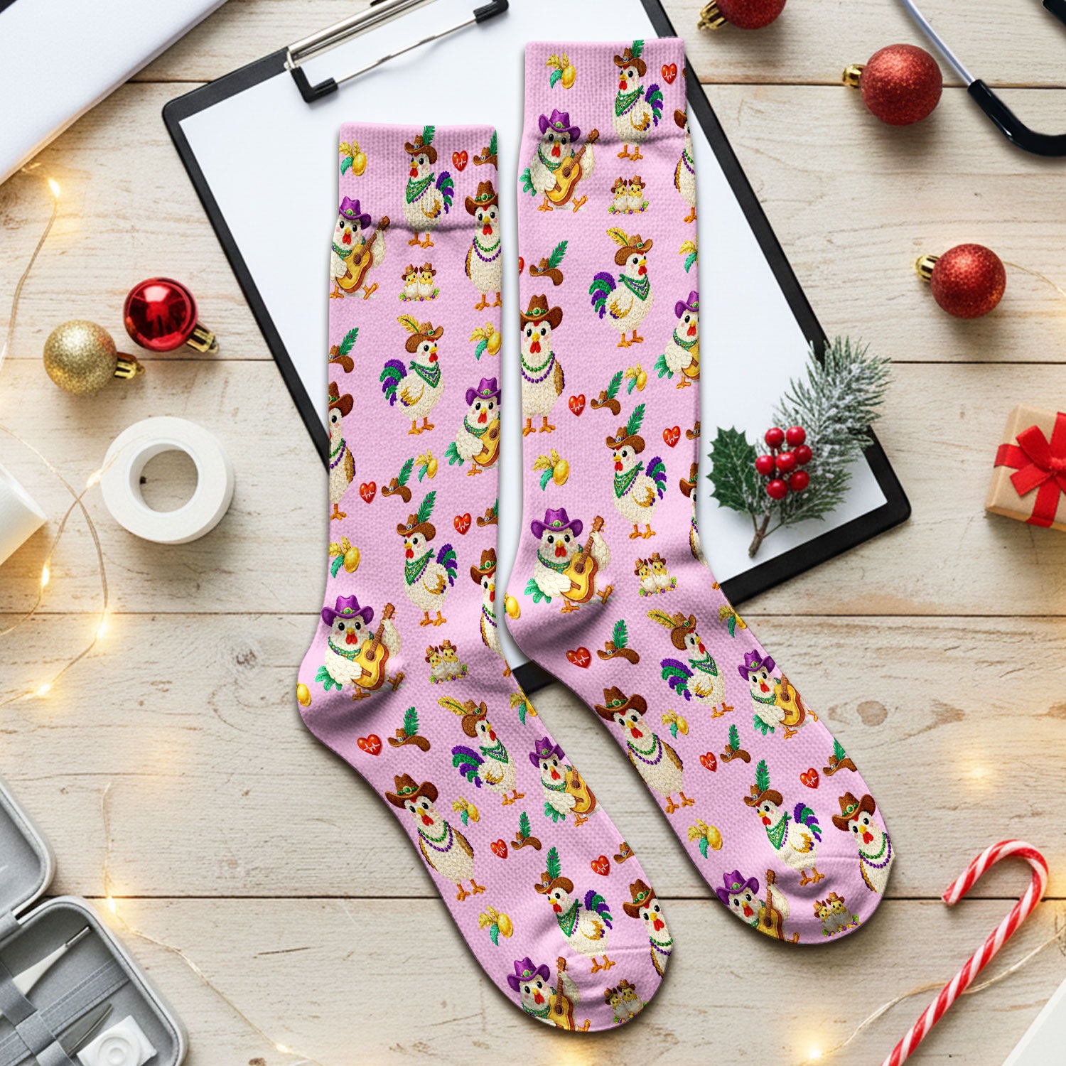 Funny Mardi Gras Rooster Cowboy Print Medical Socks, Socks for Nurse Doctor