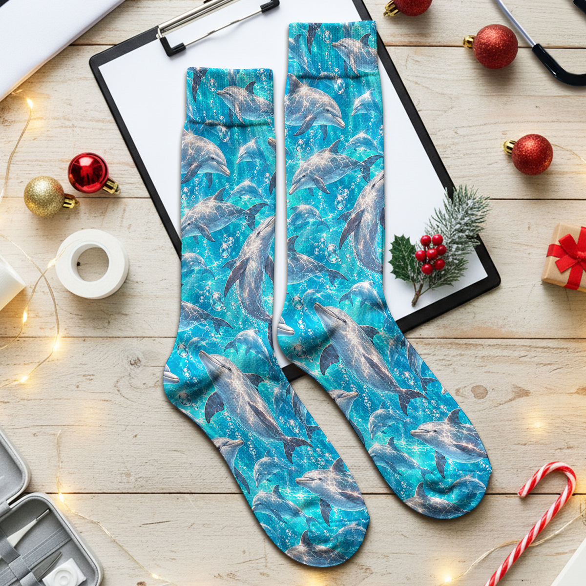 Blue Ocean Dolphin Pattern Socks, Adult Socks for Men and Women