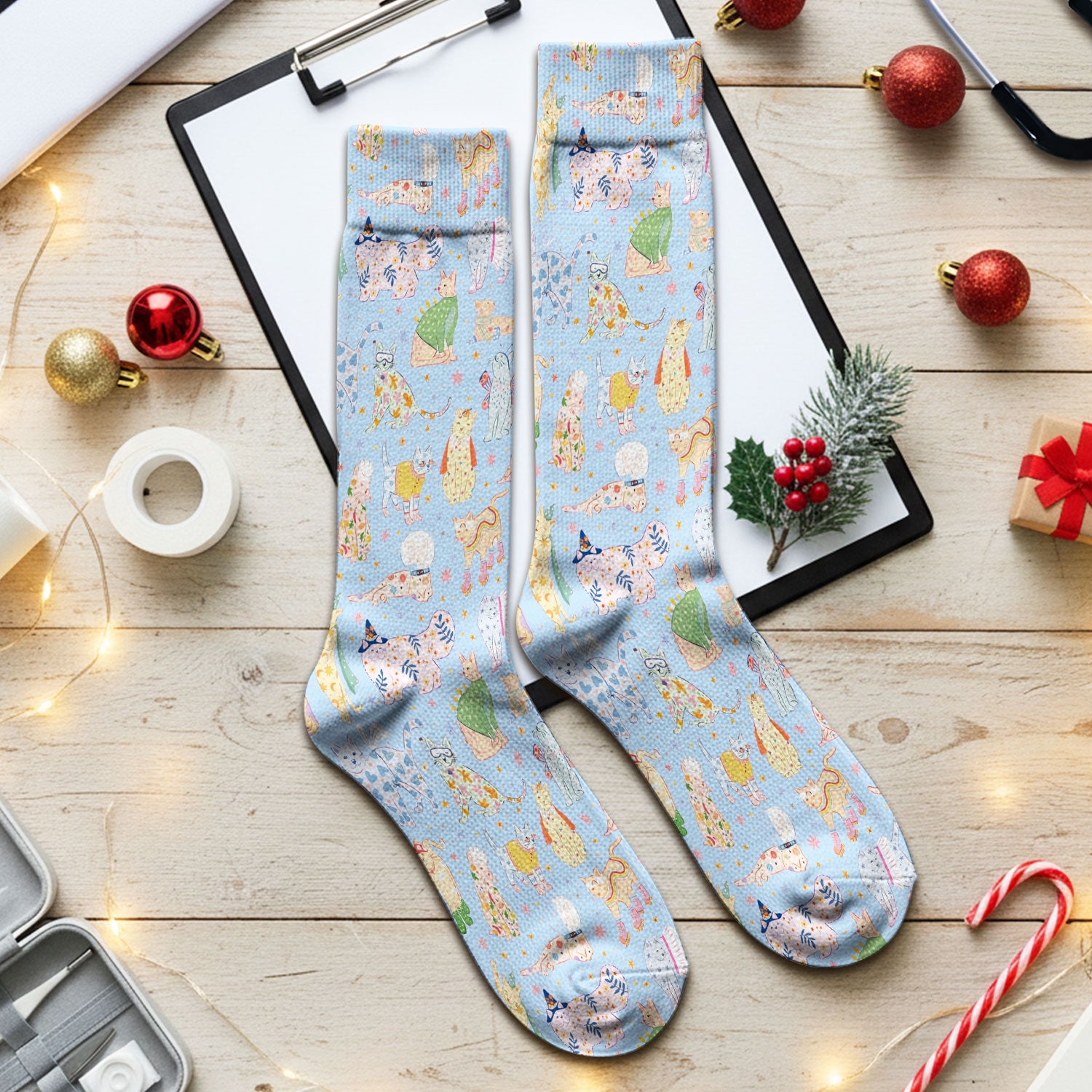 Colorful Pastel Cartoon Cats Print Socks, Breathable Fabrics Medical Uniform