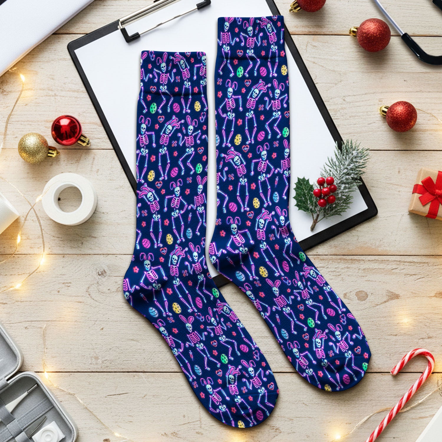 Neon Easter Skeleton Pattern Socks, Adult Socks for Men and Women