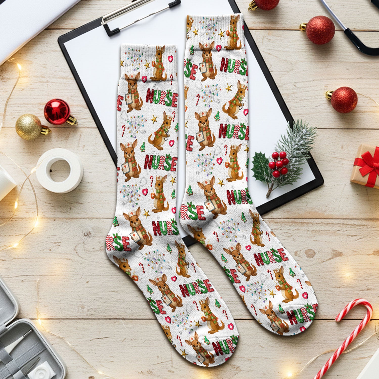 Aussie Kangaroo Christmas Socks for Nurse Doctor - Funny Holiday Adult Socks for Men and Women - Breathable Fabrics Medical Uniform