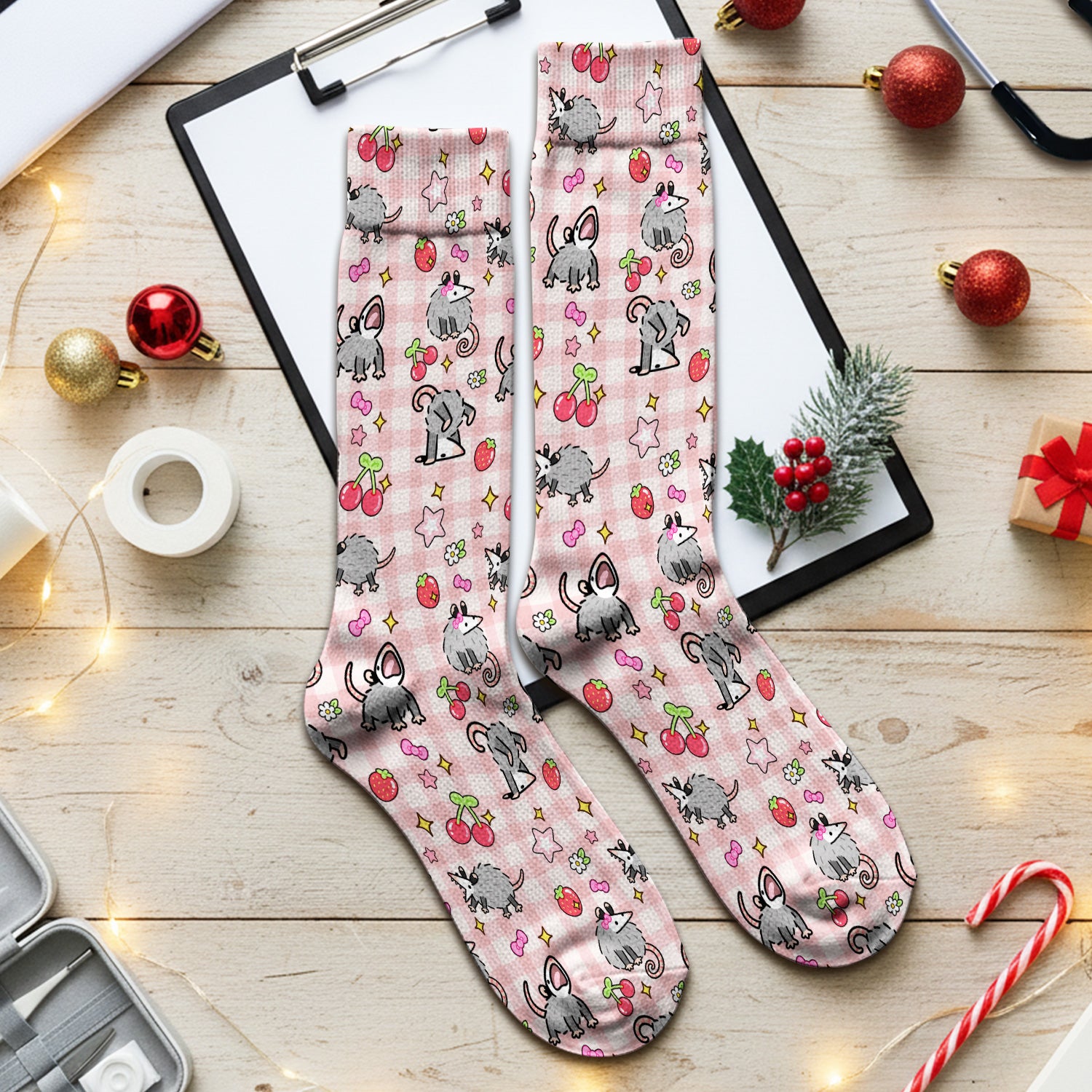 Cute Opossum And Cherries Gingham Pattern Socks, Adult Socks for Men and Women