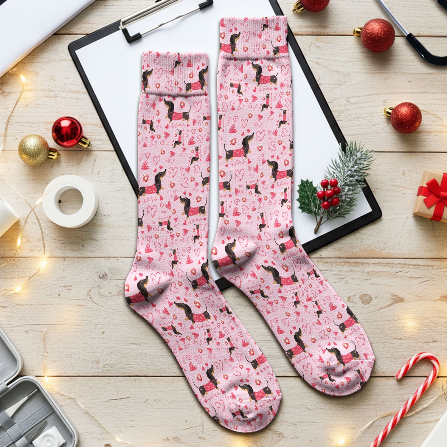 Dachshund Valentine Scrub Socks, Cute Wiener Dog Heart Pattern Nurse Sock, Breathable Fabrics Nursing Uniform